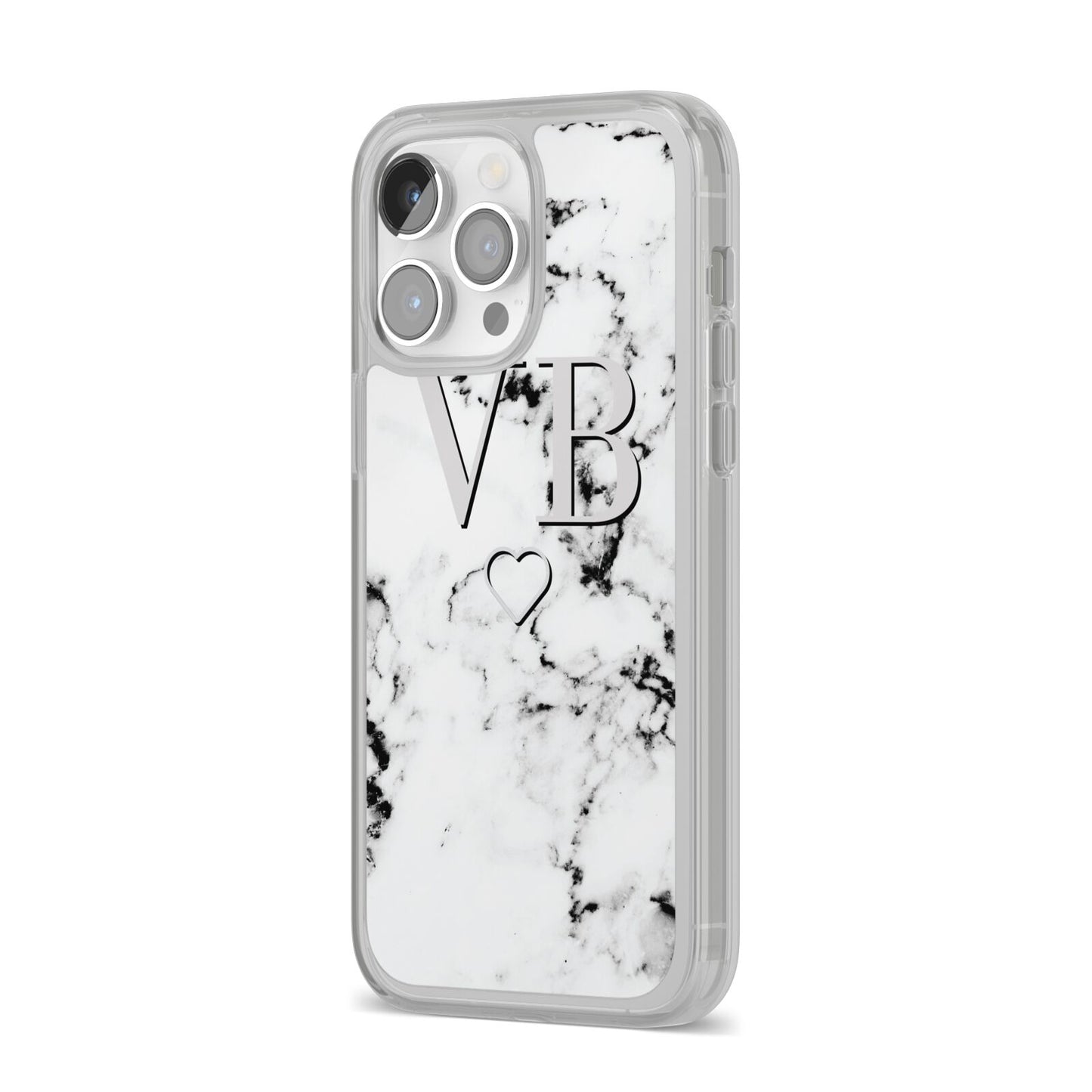 Personalised Initials Outline Heart Marble iPhone 14 Pro Max Clear Tough Case Silver Angled Image