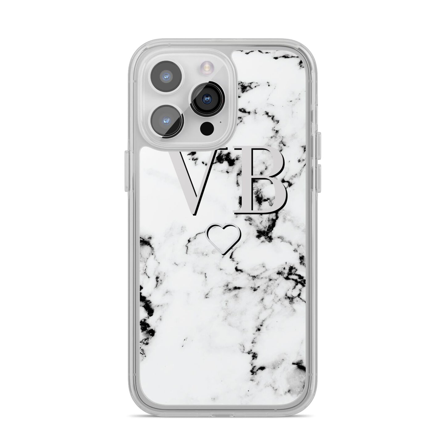 Personalised Initials Outline Heart Marble iPhone 14 Pro Max Clear Tough Case Silver