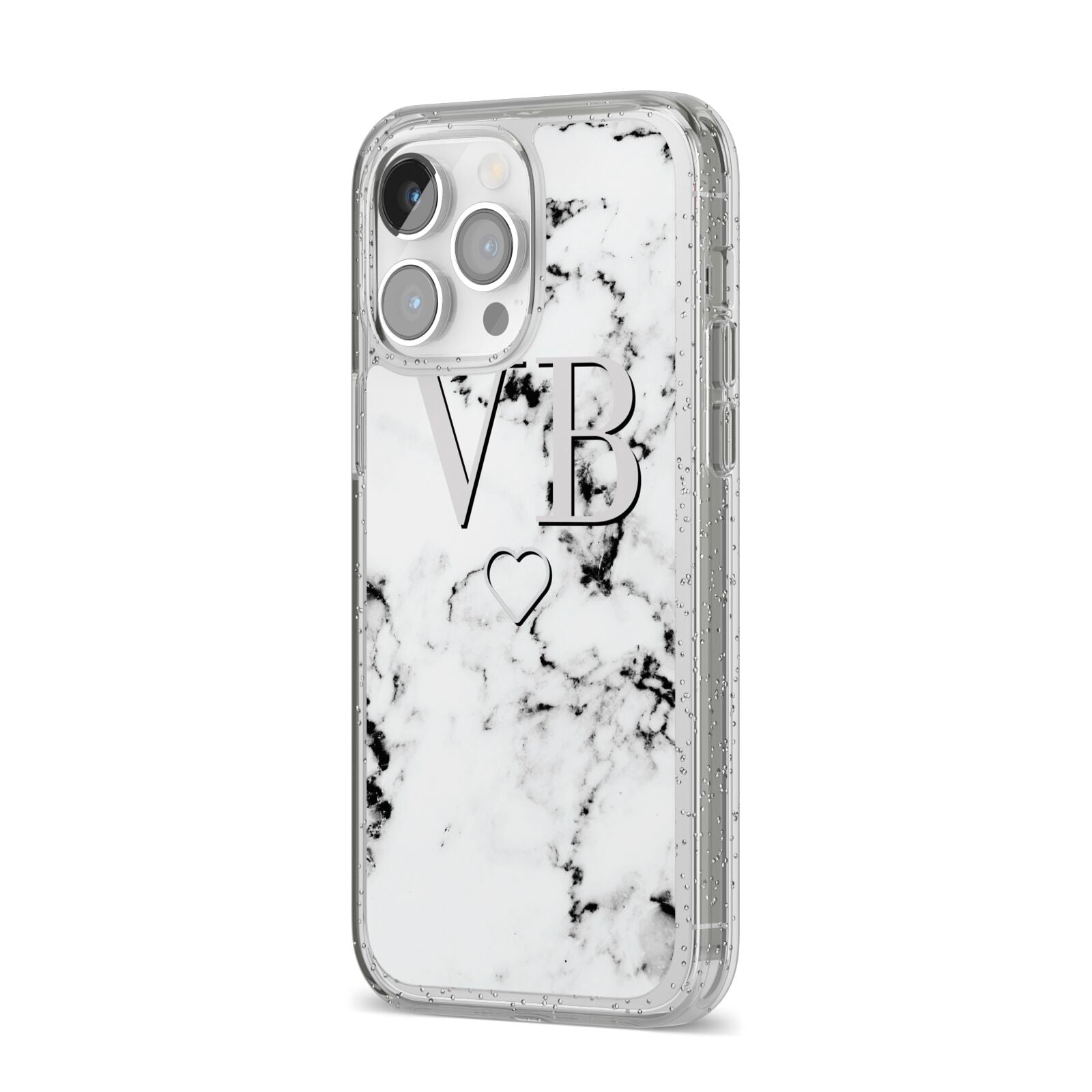 Personalised Initials Outline Heart Marble iPhone 14 Pro Max Glitter Tough Case Silver Angled Image