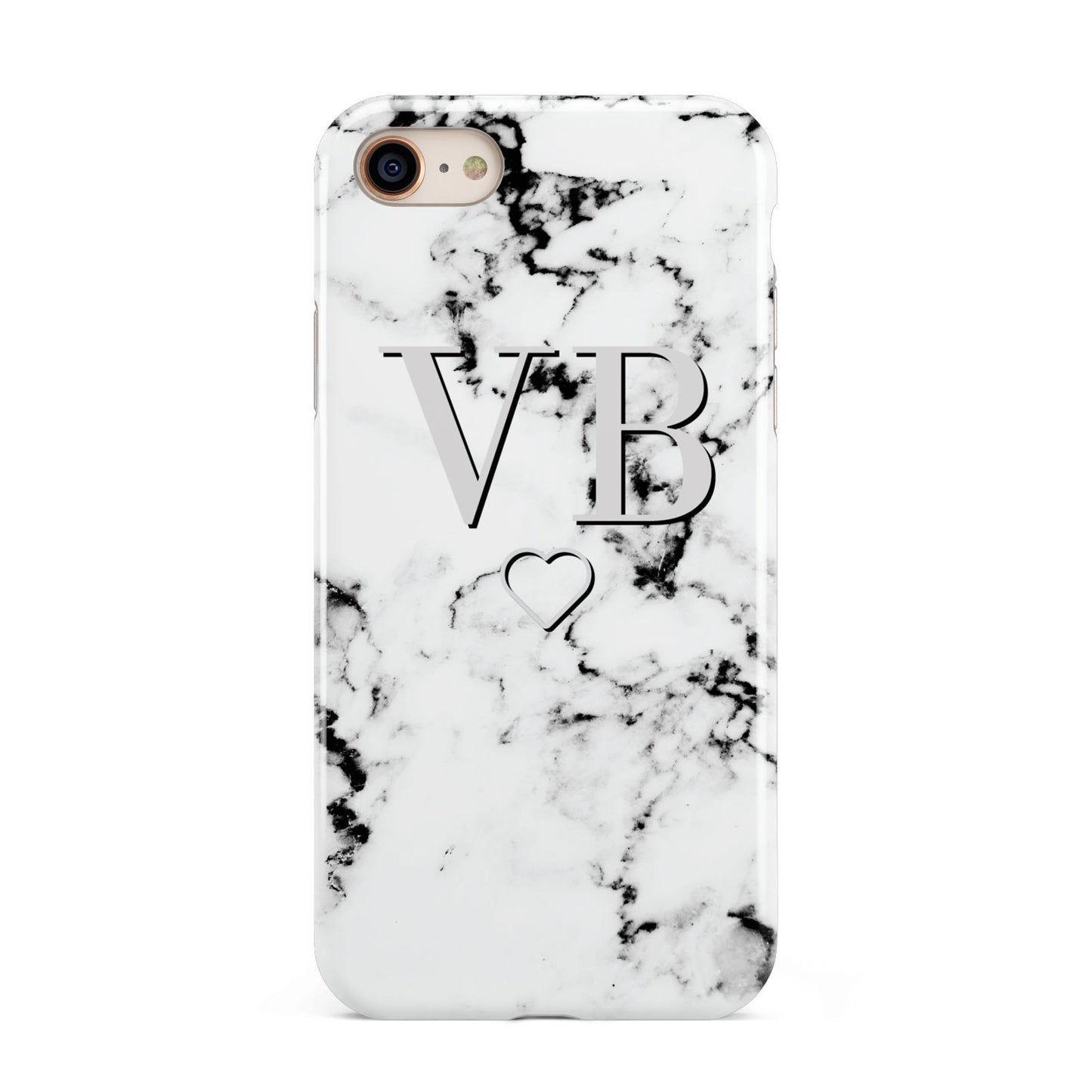 Personalised Initials Outline Heart Marble iPhone 8 3D Tough Case on Gold Phone