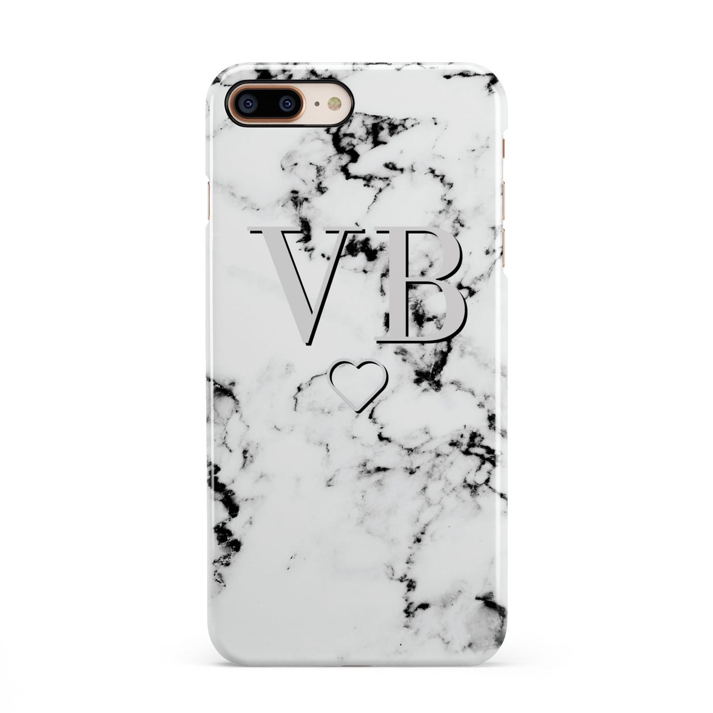 Personalised Initials Outline Heart Marble iPhone 8 Plus 3D Snap Case on Gold Phone