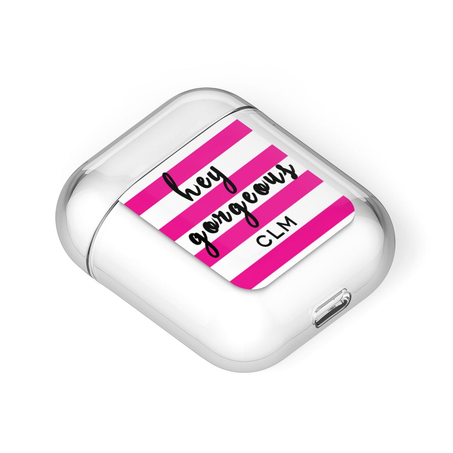 Personalised Initials Pink Striped AirPods Case Laid Flat