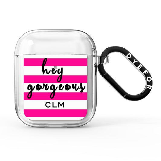 Personalised Initials Pink Striped AirPods Clear Case