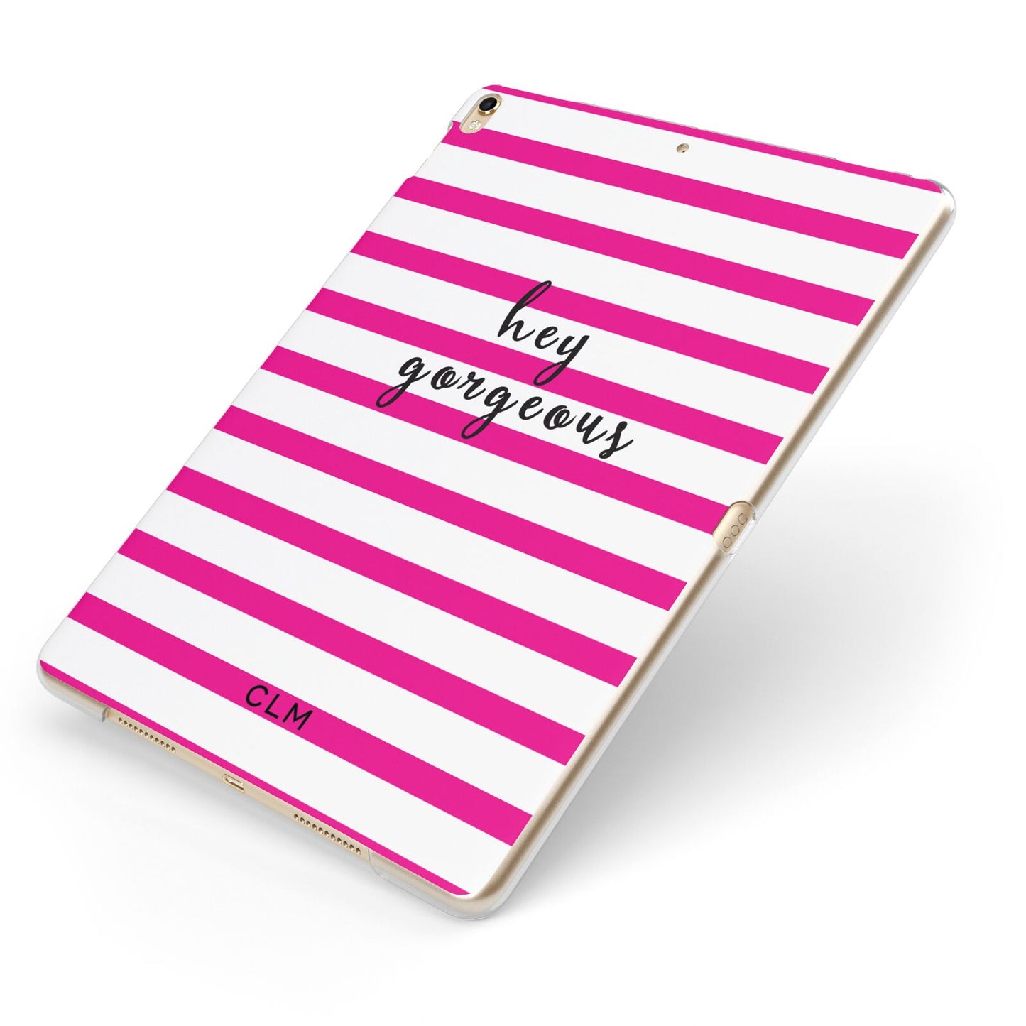 Personalised Initials Pink Striped Apple iPad Case on Gold iPad Side View