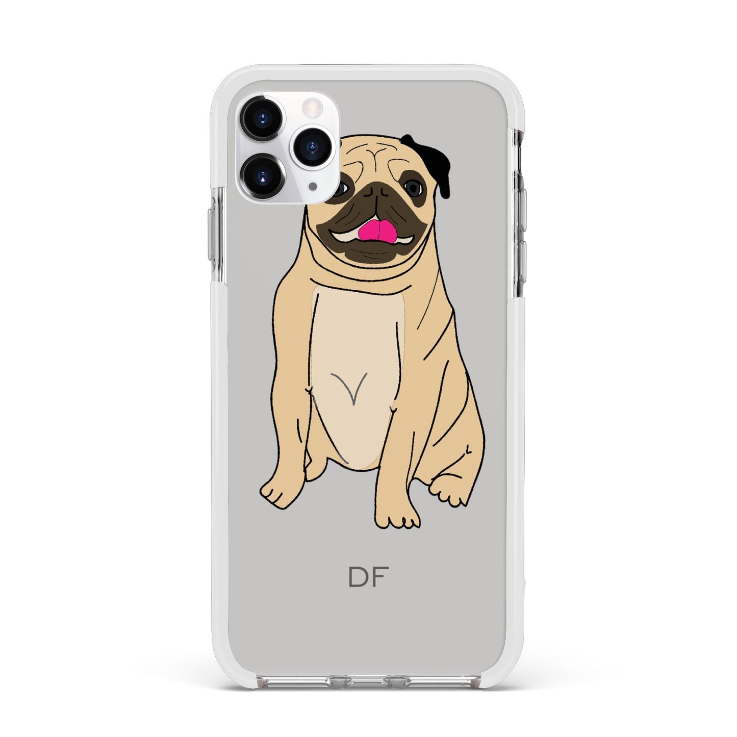 Personalised Initials Pug Apple iPhone 11 Pro Max in Silver with White Impact Case