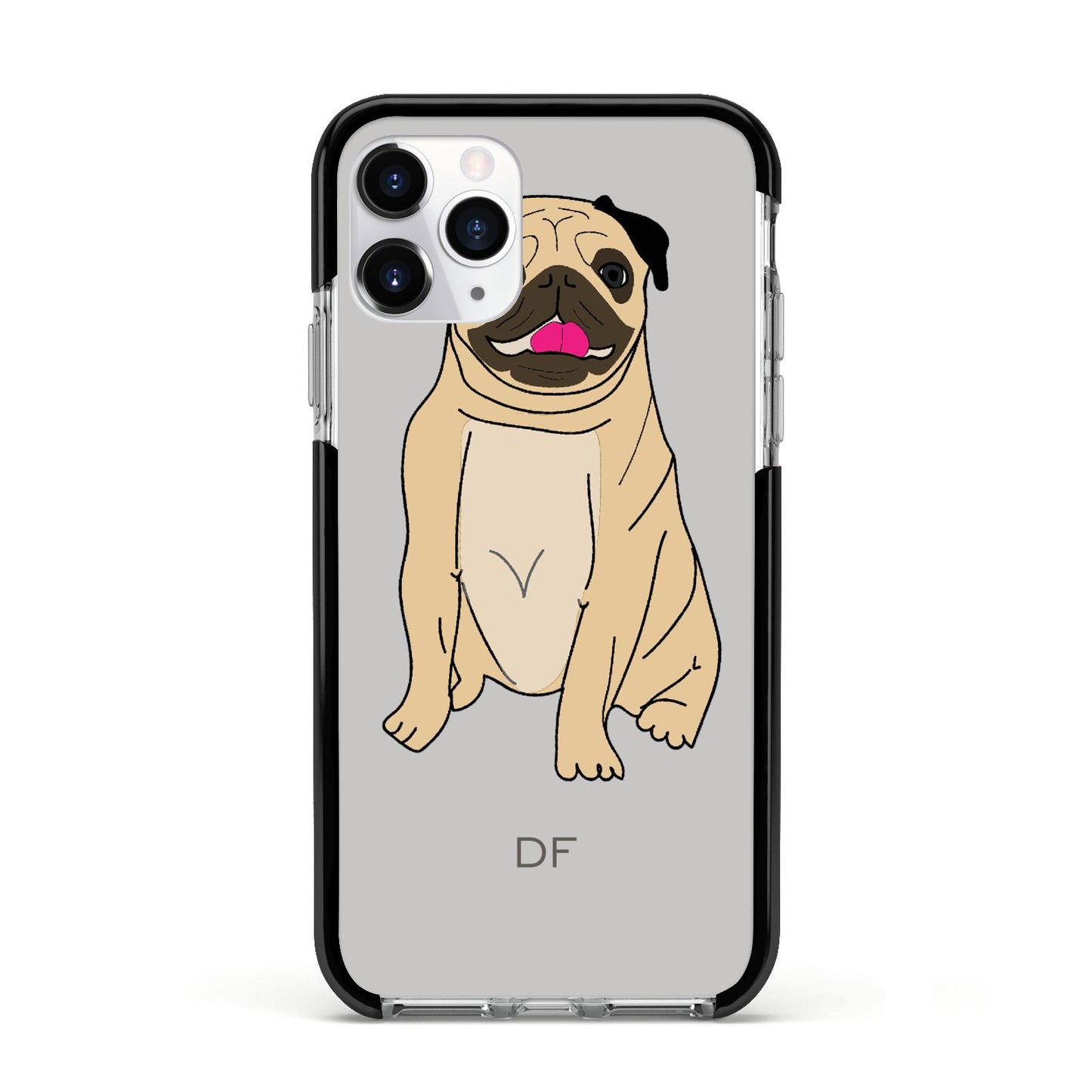 Personalised Initials Pug Apple iPhone 11 Pro in Silver with Black Impact Case