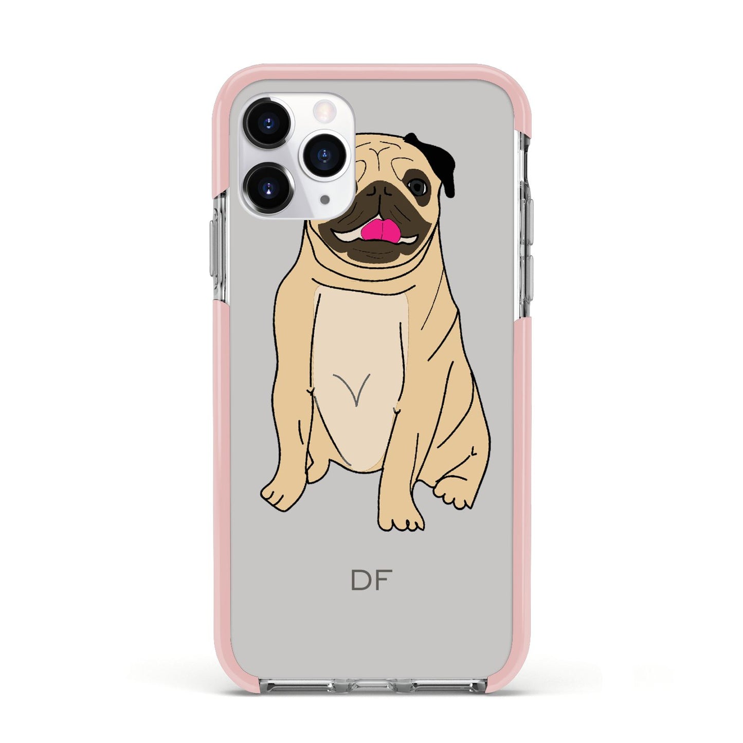 Personalised Initials Pug Apple iPhone 11 Pro in Silver with Pink Impact Case