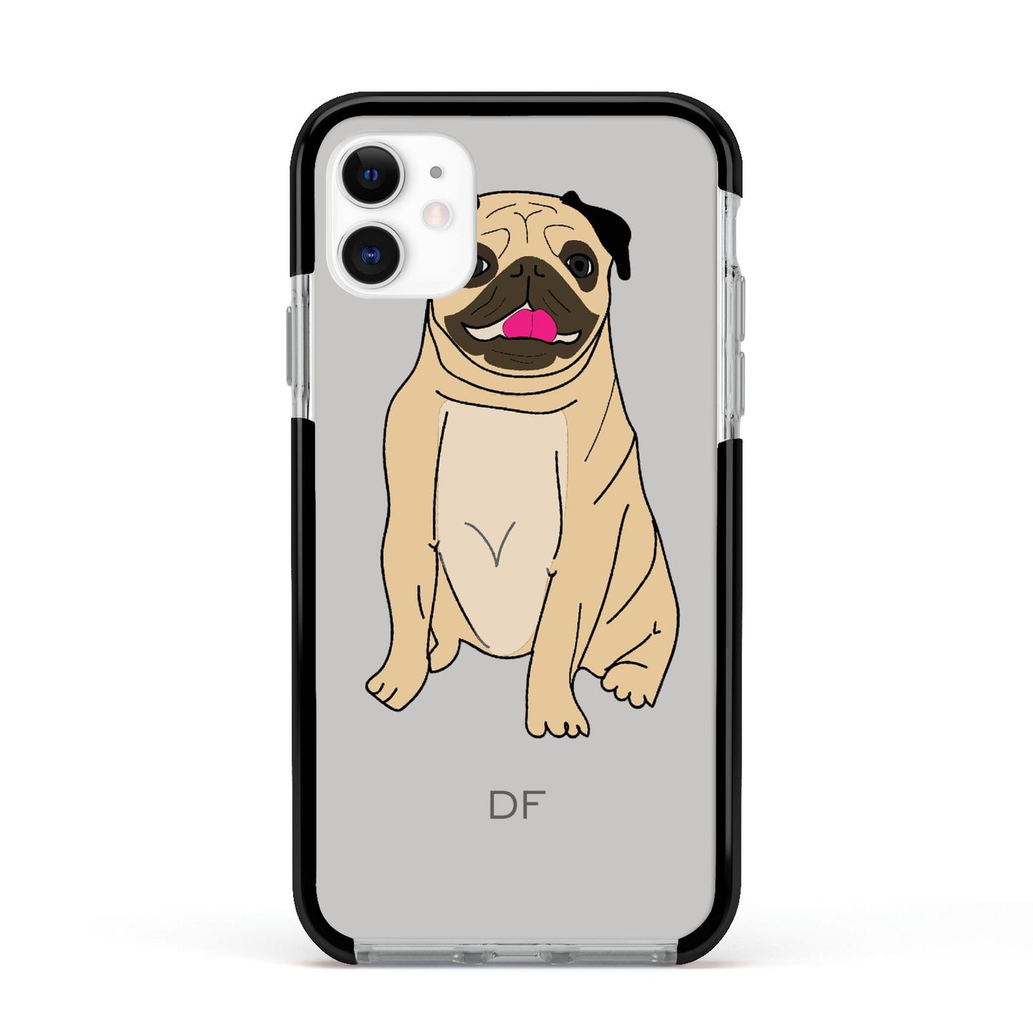 Personalised Initials Pug Apple iPhone 11 in White with Black Impact Case