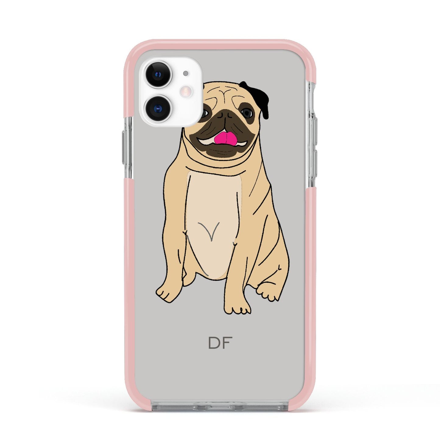 Personalised Initials Pug Apple iPhone 11 in White with Pink Impact Case