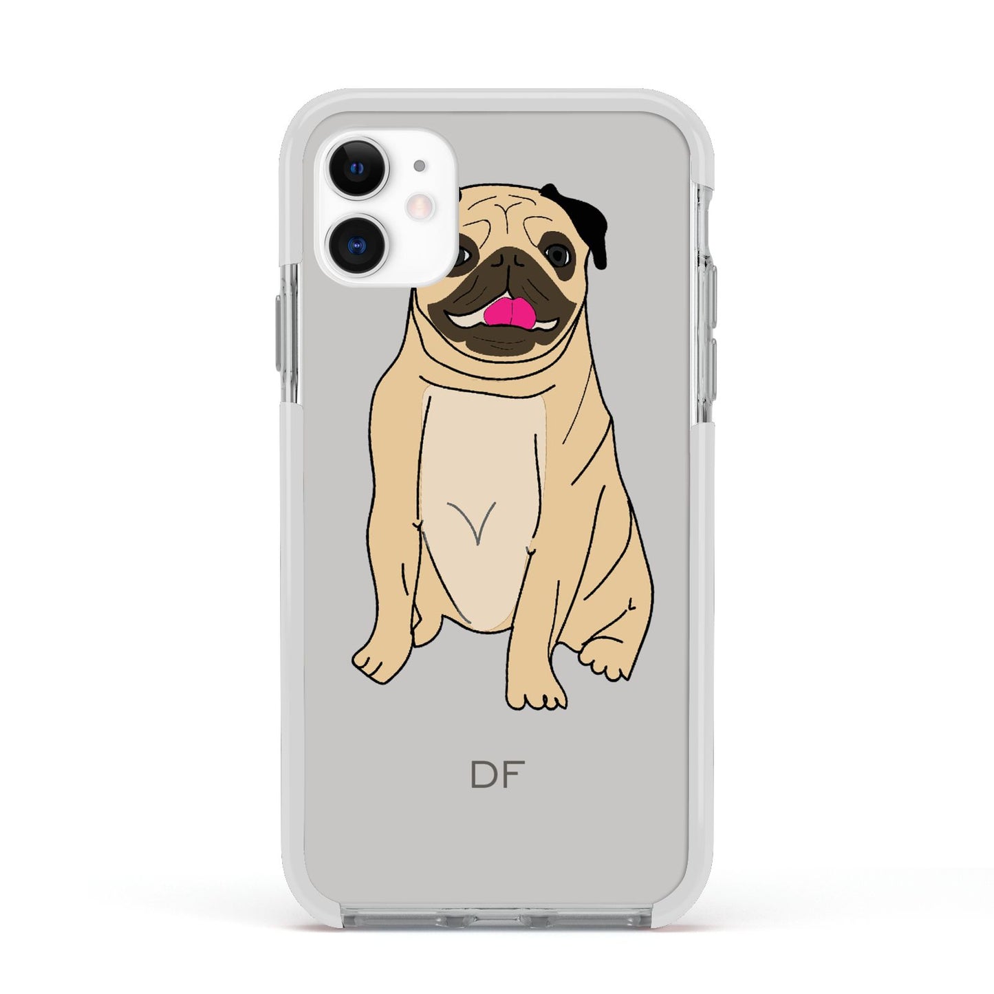 Personalised Initials Pug Apple iPhone 11 in White with White Impact Case