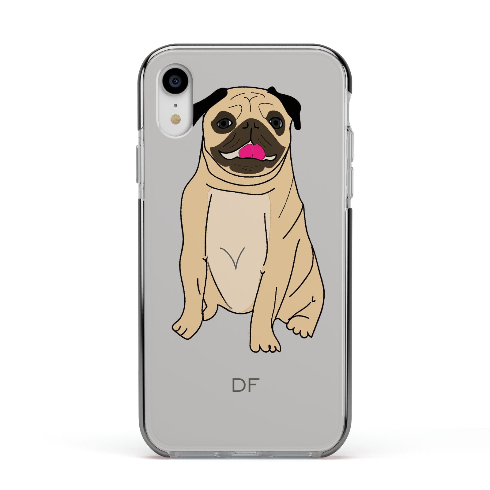 Personalised Initials Pug Apple iPhone XR Impact Case Black Edge on Silver Phone