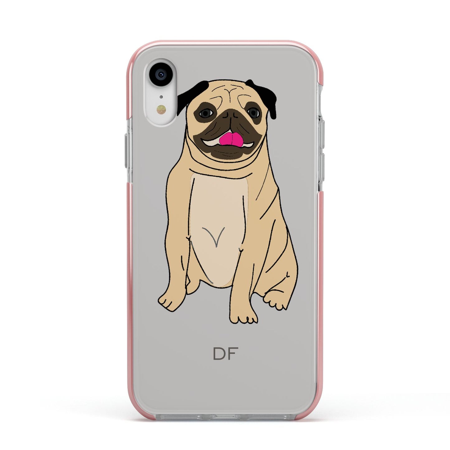 Personalised Initials Pug Apple iPhone XR Impact Case Pink Edge on Silver Phone