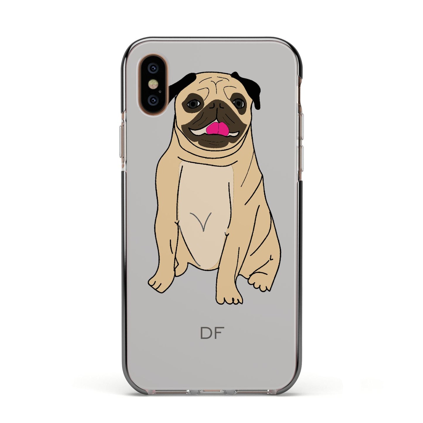 Personalised Initials Pug Apple iPhone Xs Impact Case Black Edge on Gold Phone