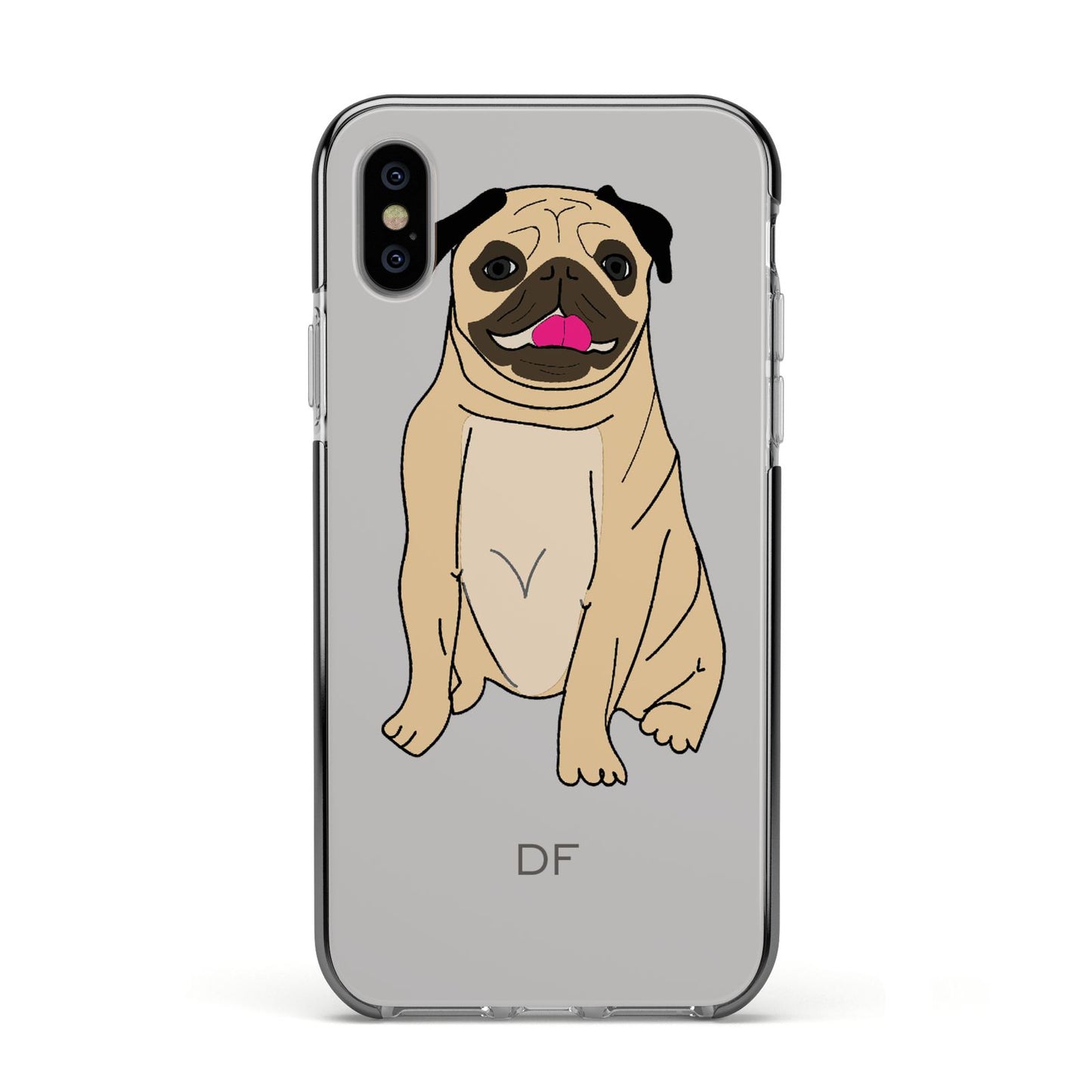 Personalised Initials Pug Apple iPhone Xs Impact Case Black Edge on Silver Phone