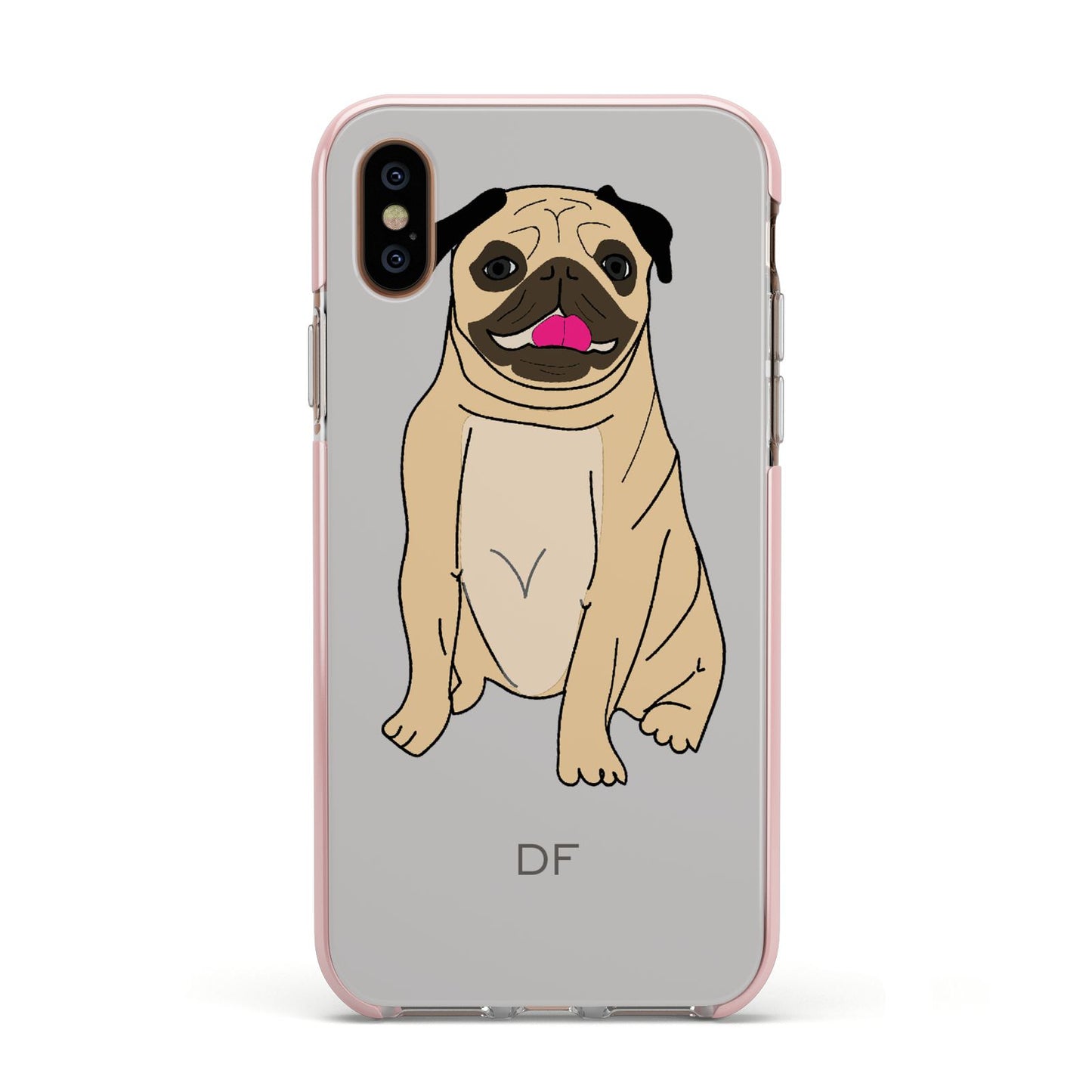 Personalised Initials Pug Apple iPhone Xs Impact Case Pink Edge on Gold Phone