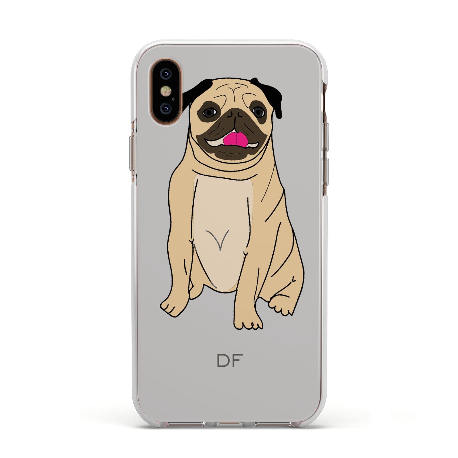 Personalised Initials Pug Apple iPhone Xs Impact Case White Edge on Gold Phone