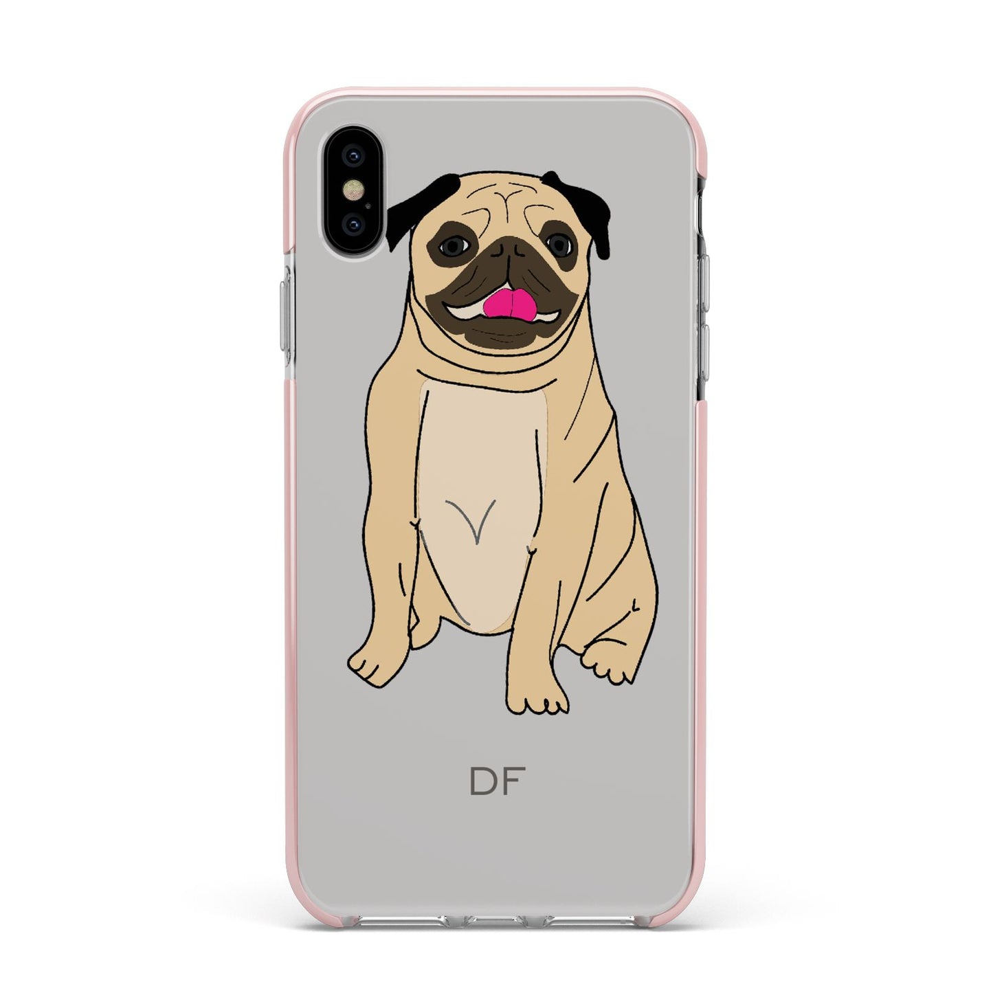 Personalised Initials Pug Apple iPhone Xs Max Impact Case Pink Edge on Silver Phone