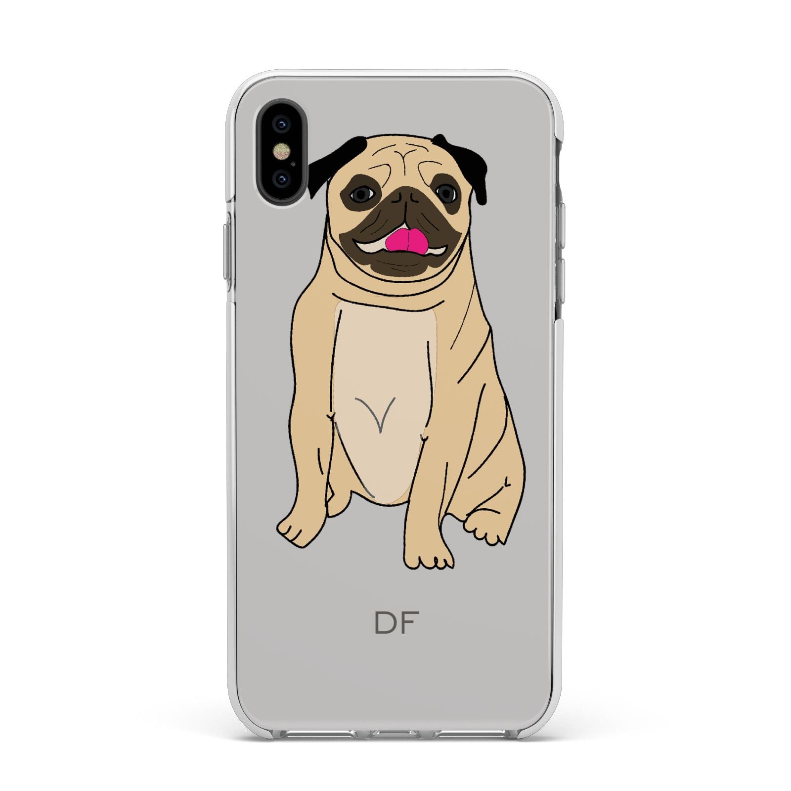 Personalised Initials Pug Apple iPhone Xs Max Impact Case White Edge on Black Phone