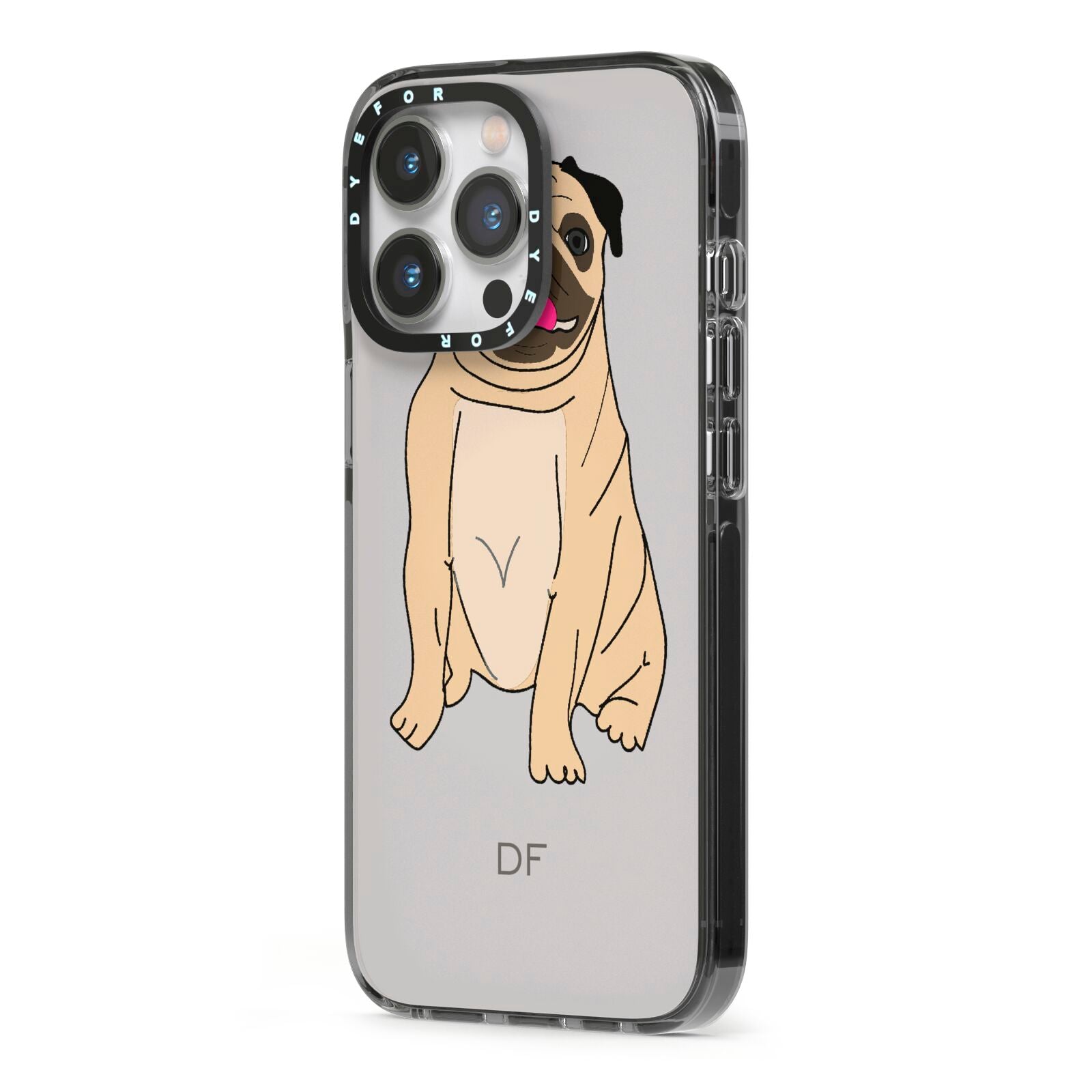 Personalised Initials Pug iPhone 13 Pro Black Impact Case Side Angle on Silver phone