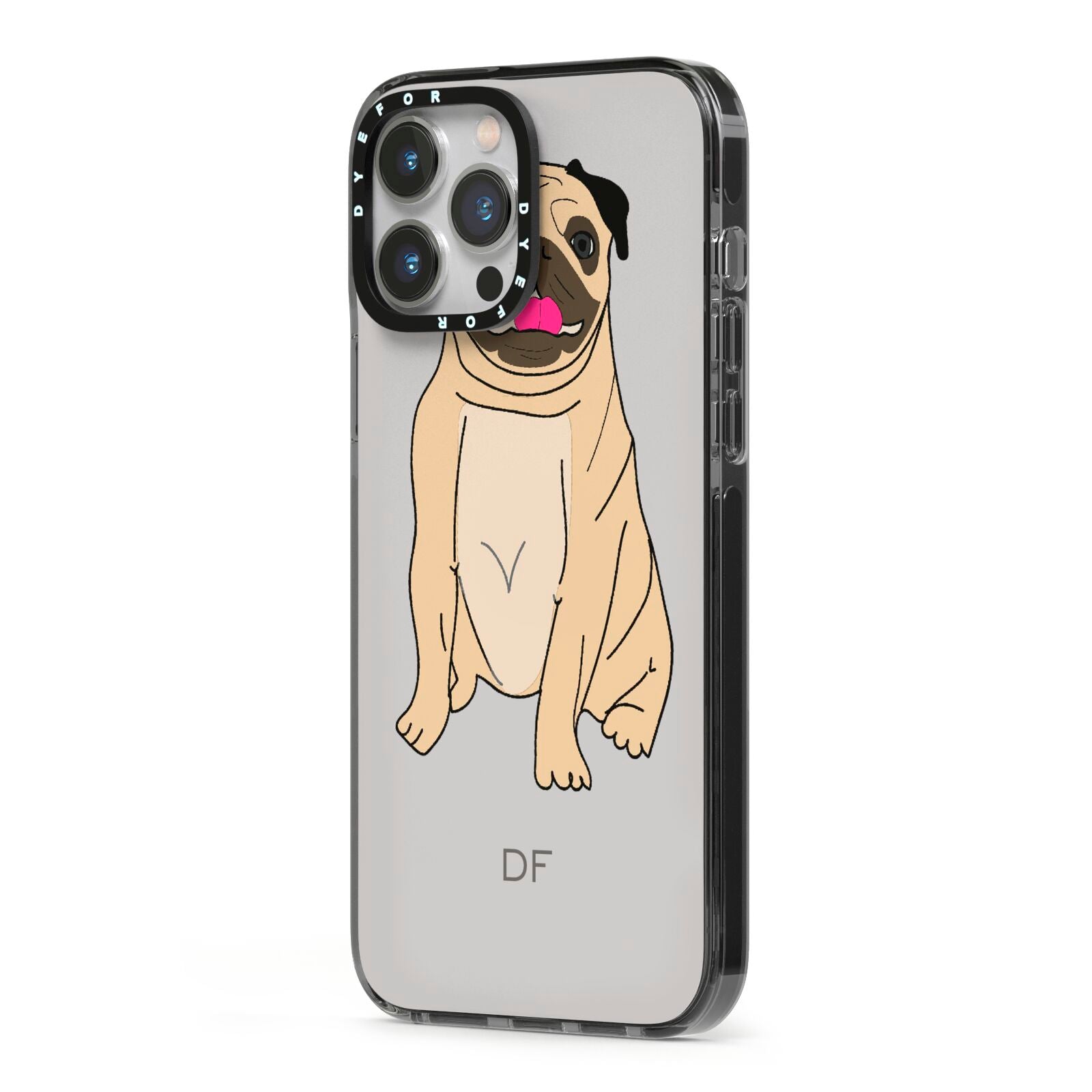 Personalised Initials Pug iPhone 13 Pro Max Black Impact Case Side Angle on Silver phone