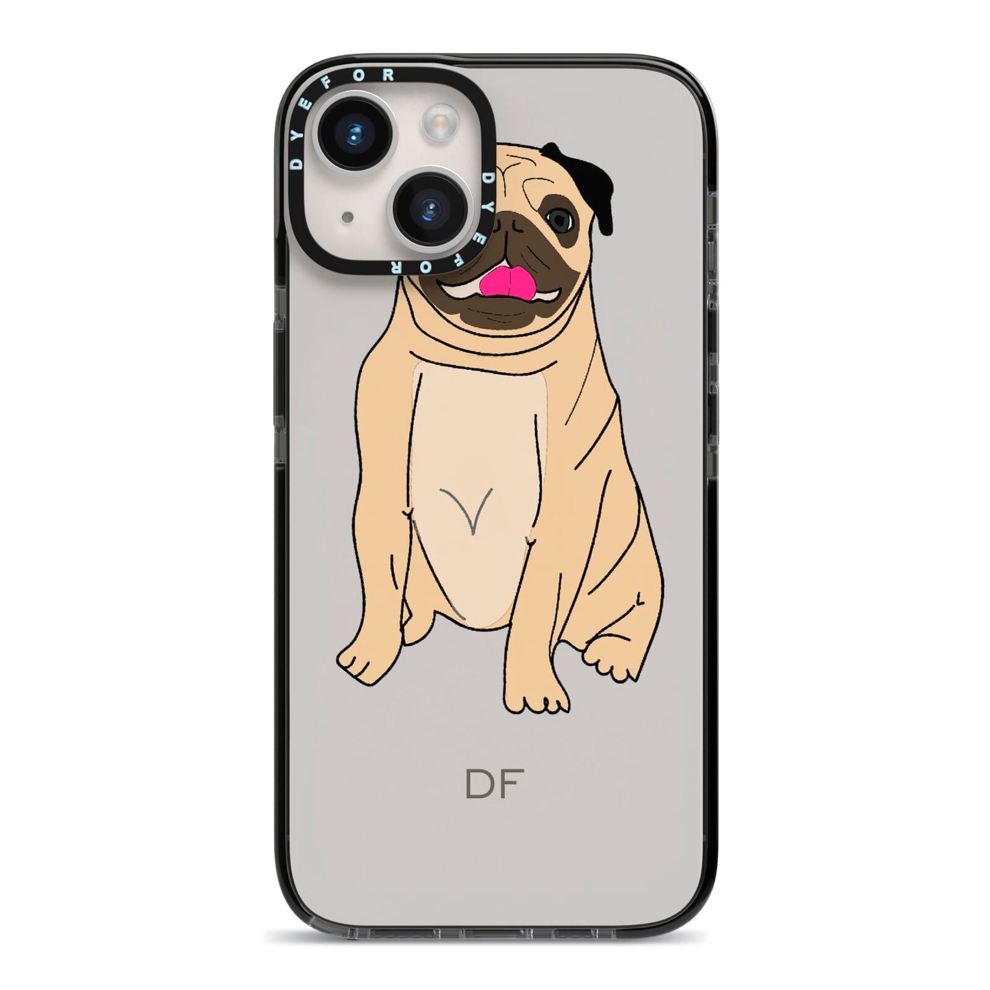 Personalised Initials Pug iPhone 14 Black Impact Case on Silver phone