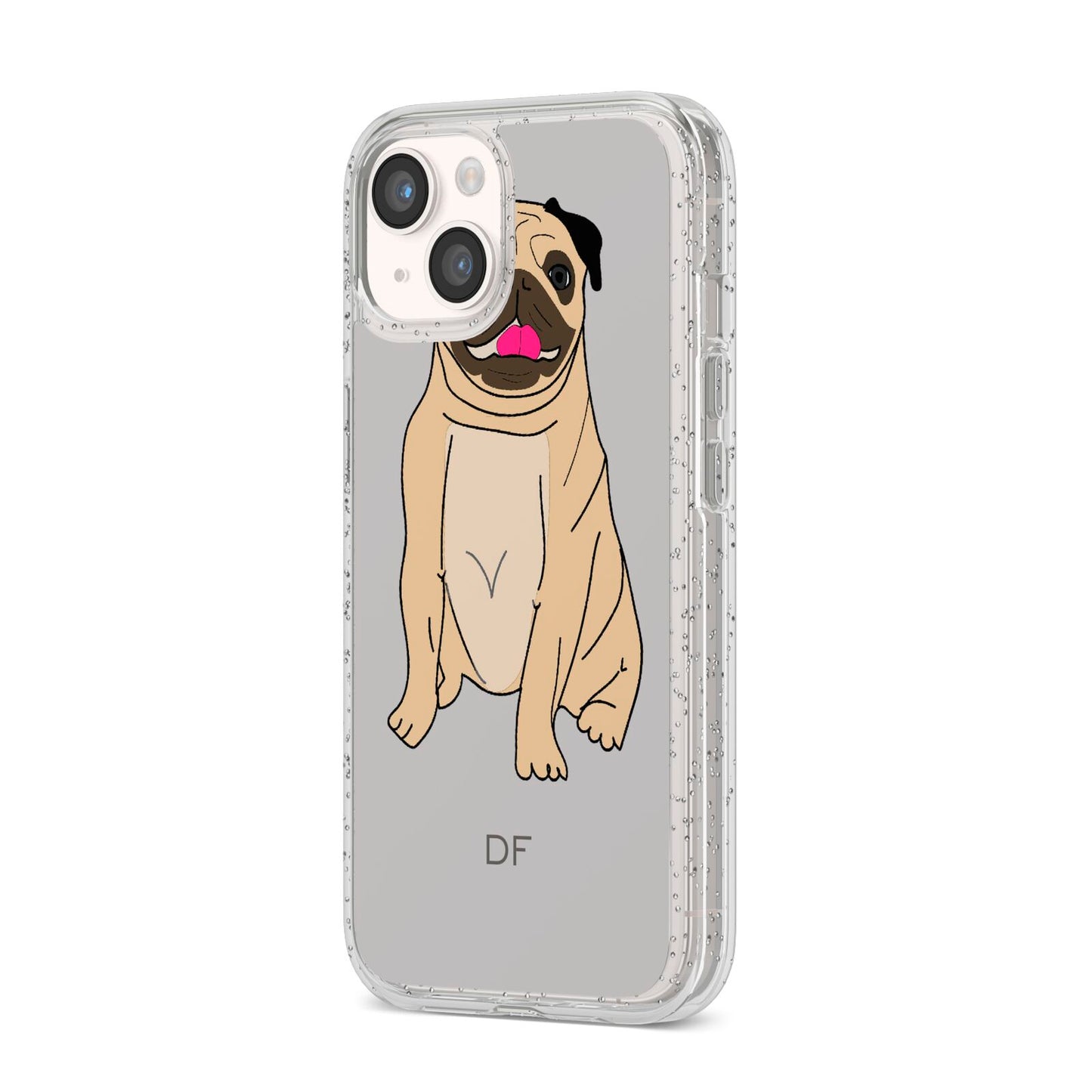 Personalised Initials Pug iPhone 14 Glitter Tough Case Starlight Angled Image