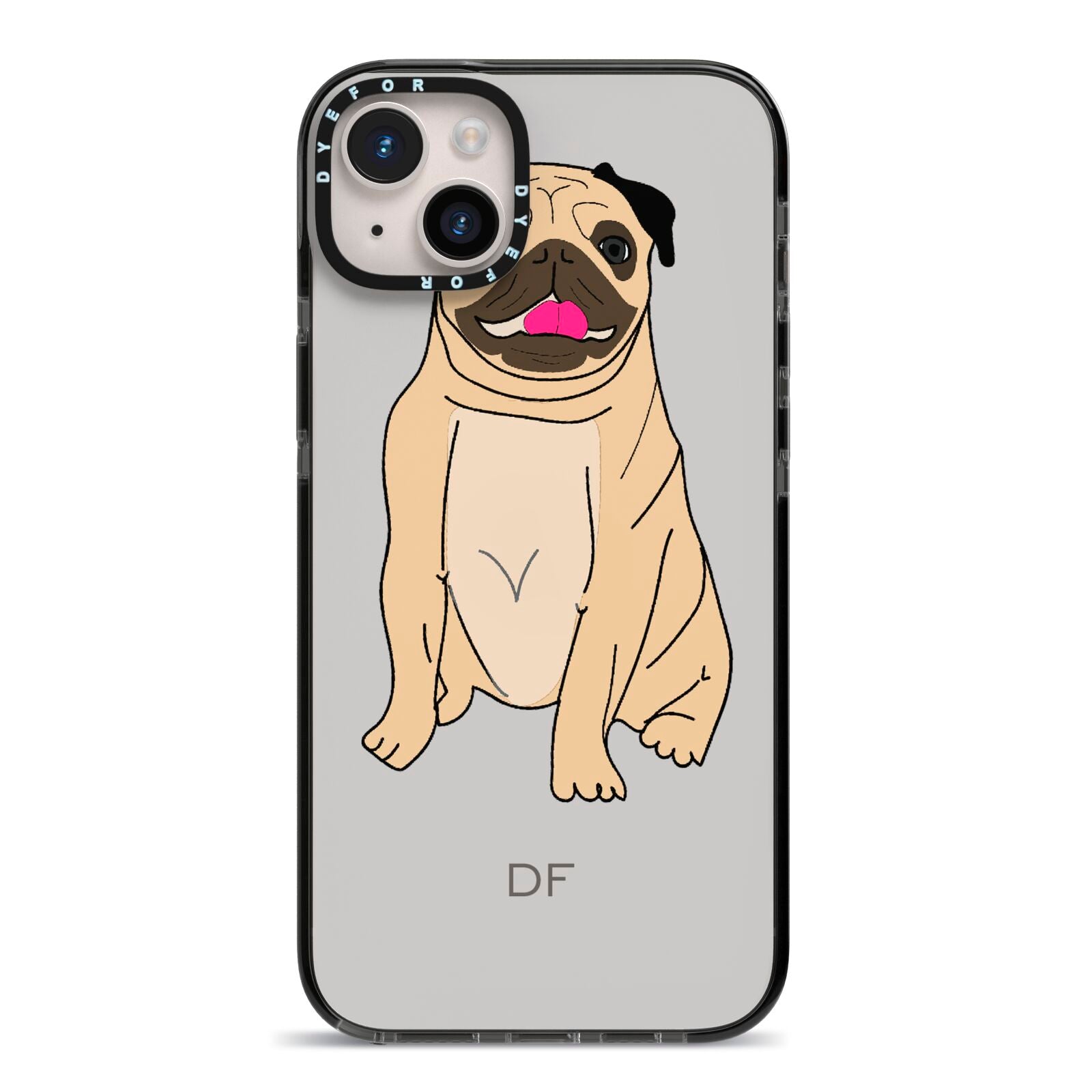 Personalised Initials Pug iPhone 14 Plus Black Impact Case on Silver phone