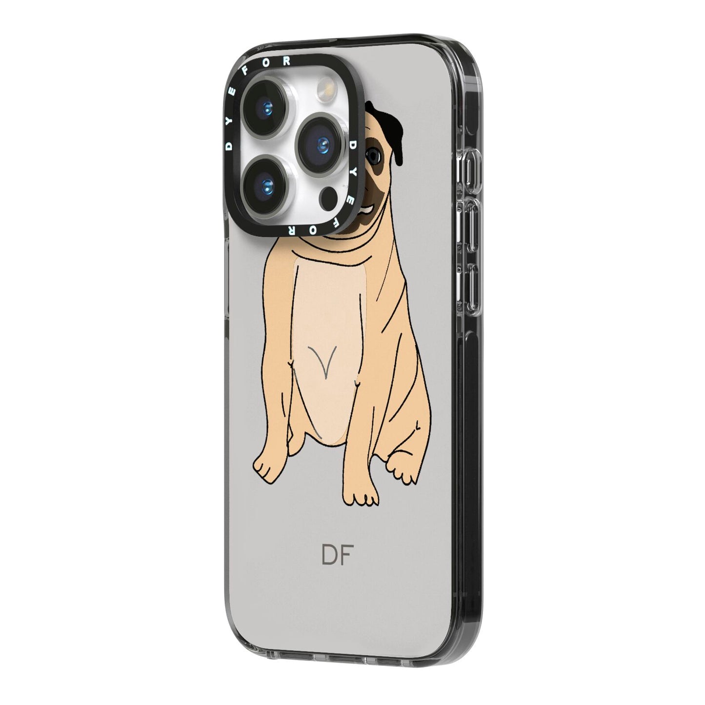 Personalised Initials Pug iPhone 14 Pro Black Impact Case Side Angle on Silver phone