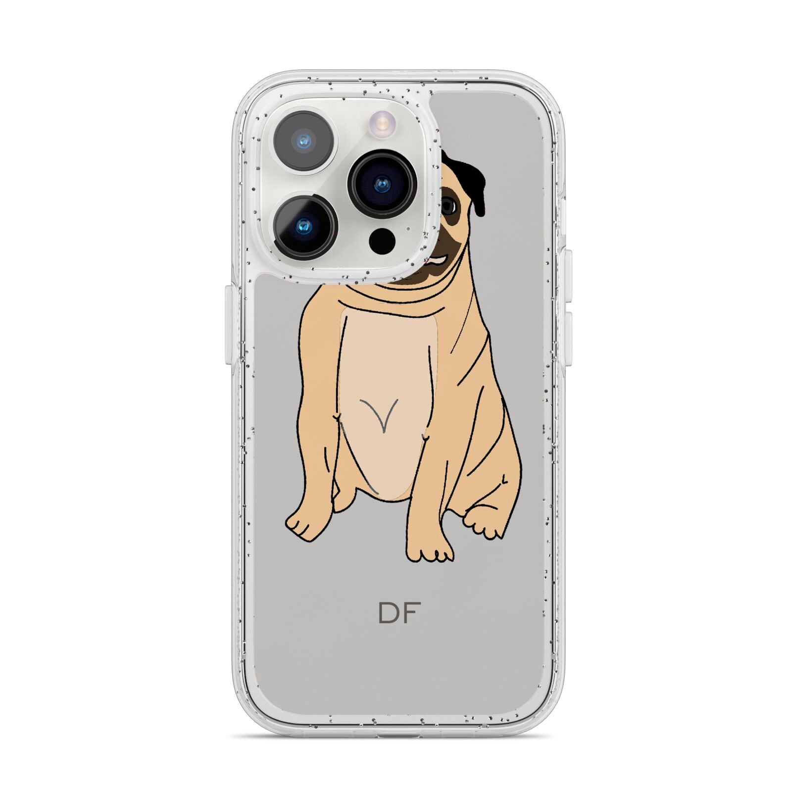 Personalised Initials Pug iPhone 14 Pro Glitter Tough Case Silver