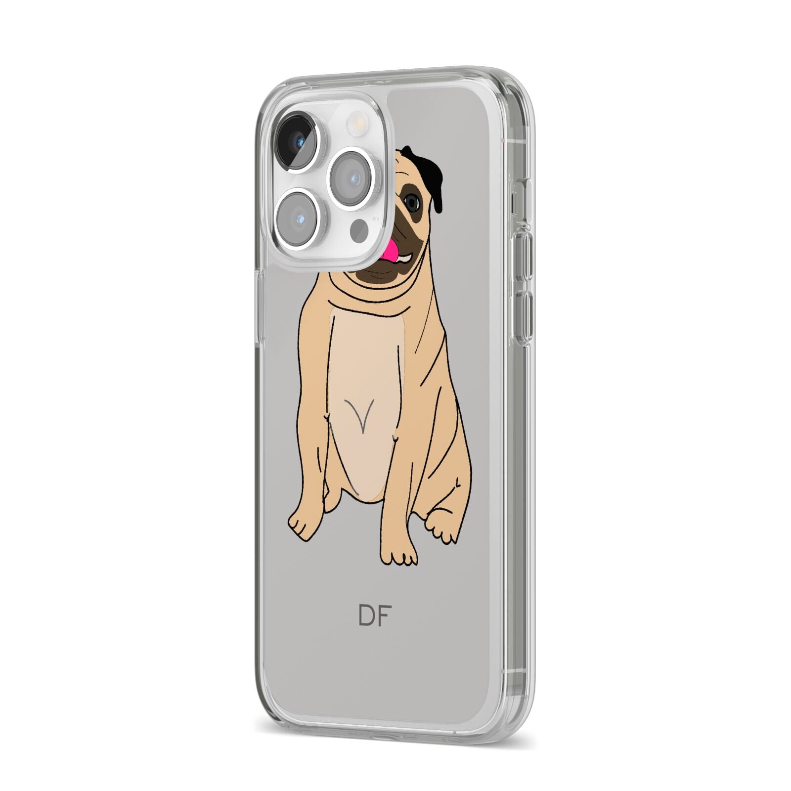 Personalised Initials Pug iPhone 14 Pro Max Clear Tough Case Silver Angled Image