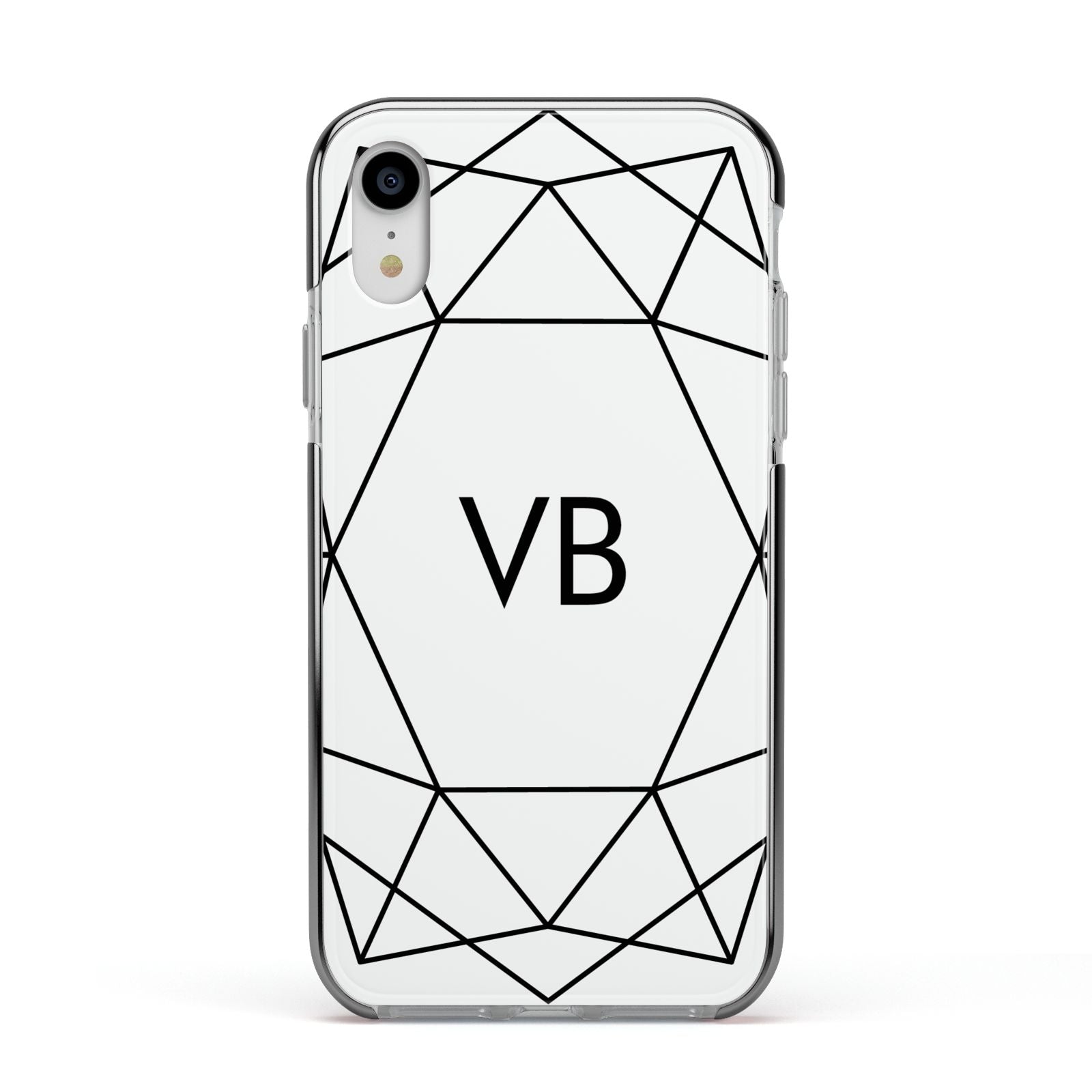 Personalised Initials White Geometric Apple iPhone XR Impact Case Black Edge on Silver Phone