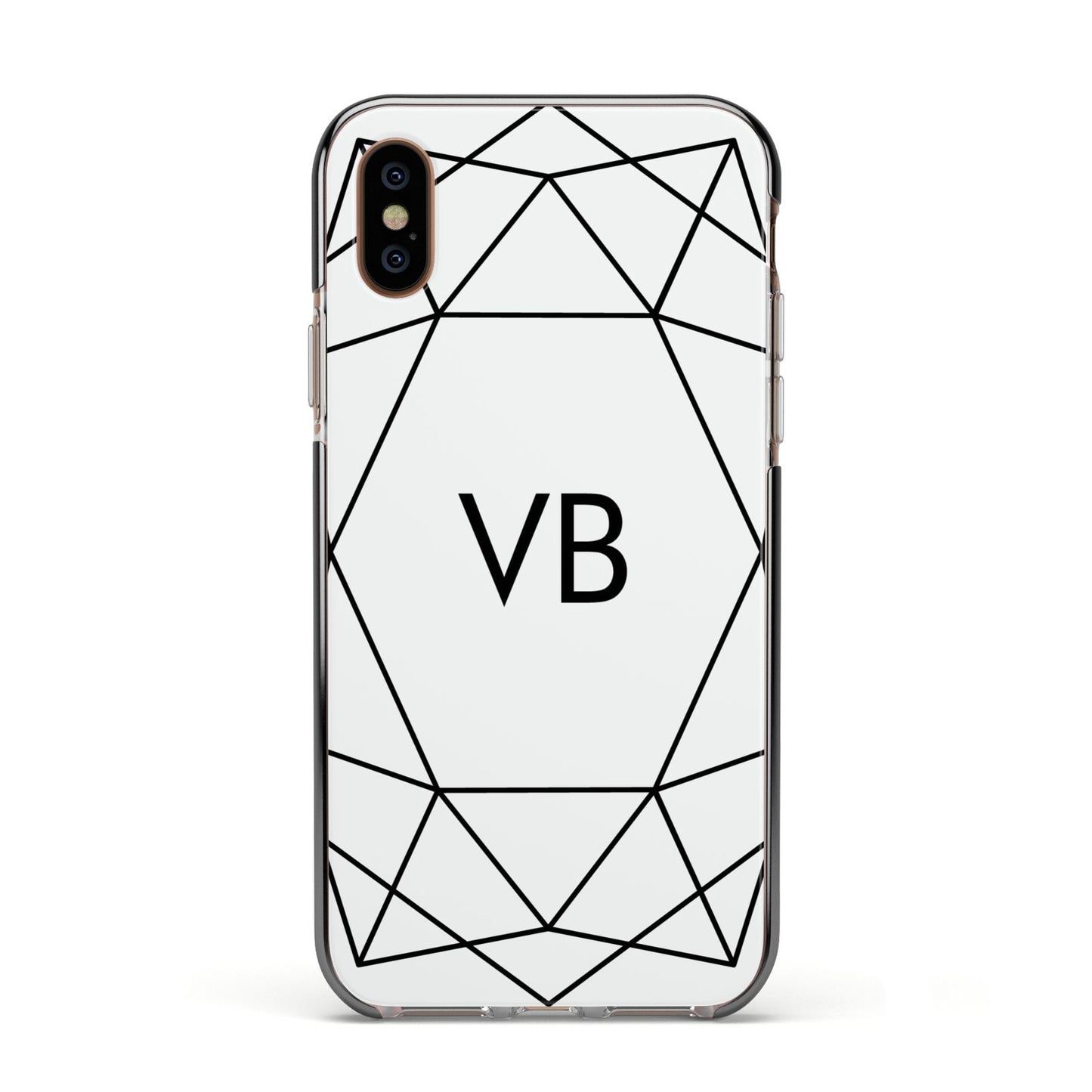 Personalised Initials White Geometric Apple iPhone Xs Impact Case Black Edge on Gold Phone