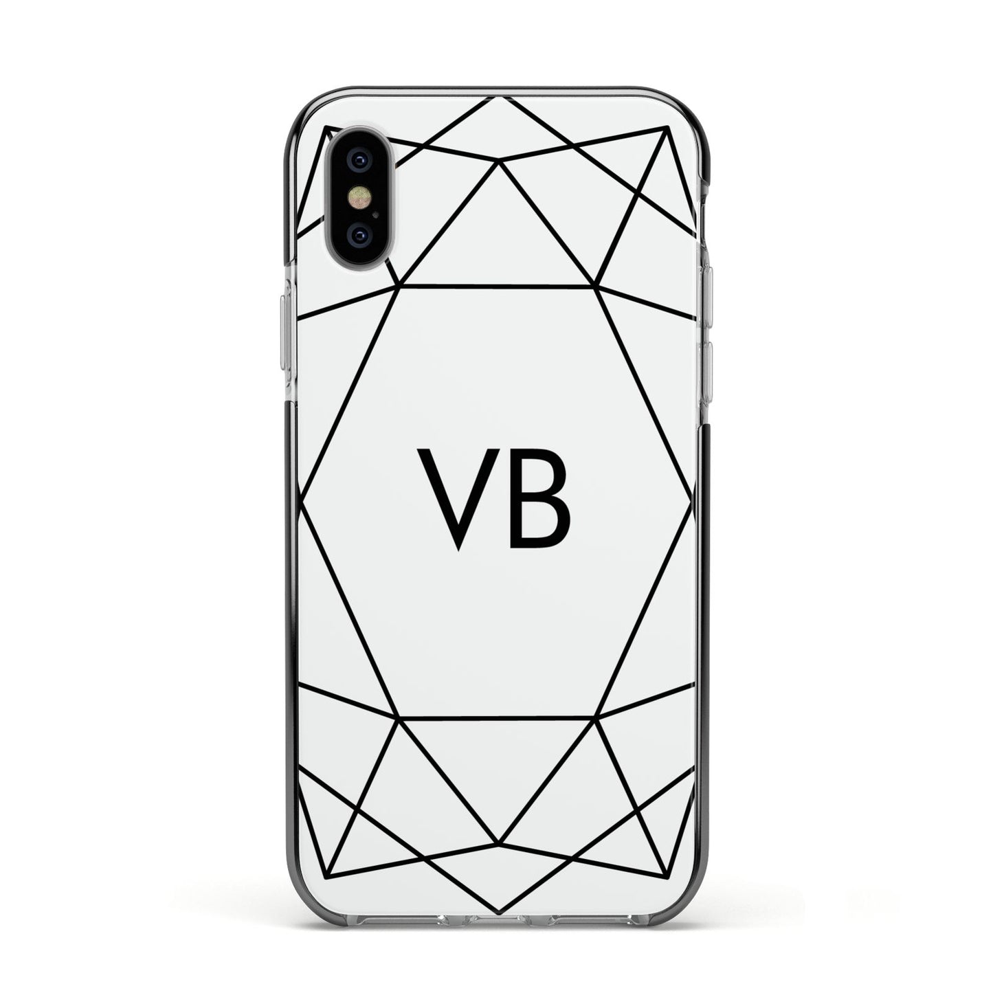 Personalised Initials White Geometric Apple iPhone Xs Impact Case Black Edge on Silver Phone