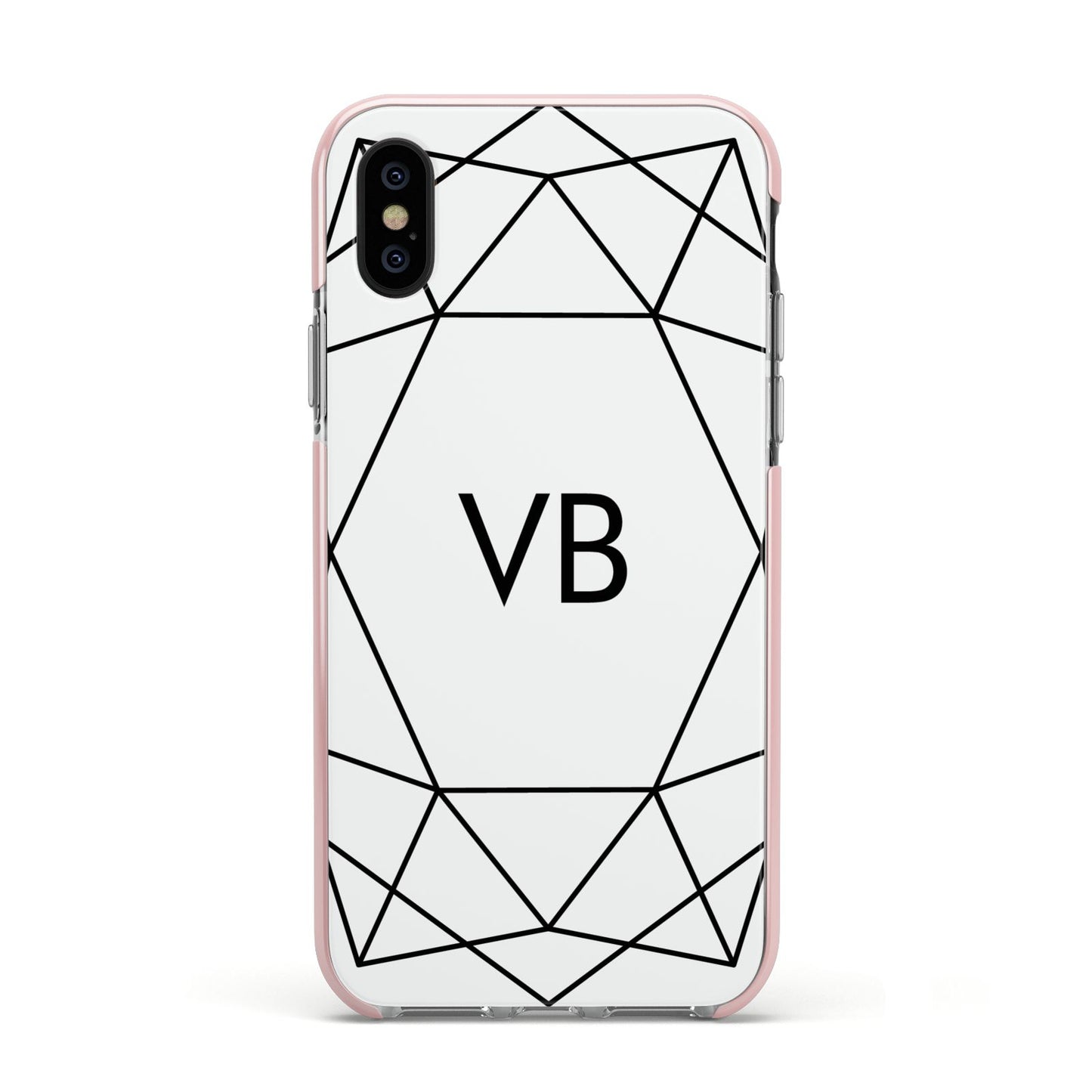 Personalised Initials White Geometric Apple iPhone Xs Impact Case Pink Edge on Black Phone