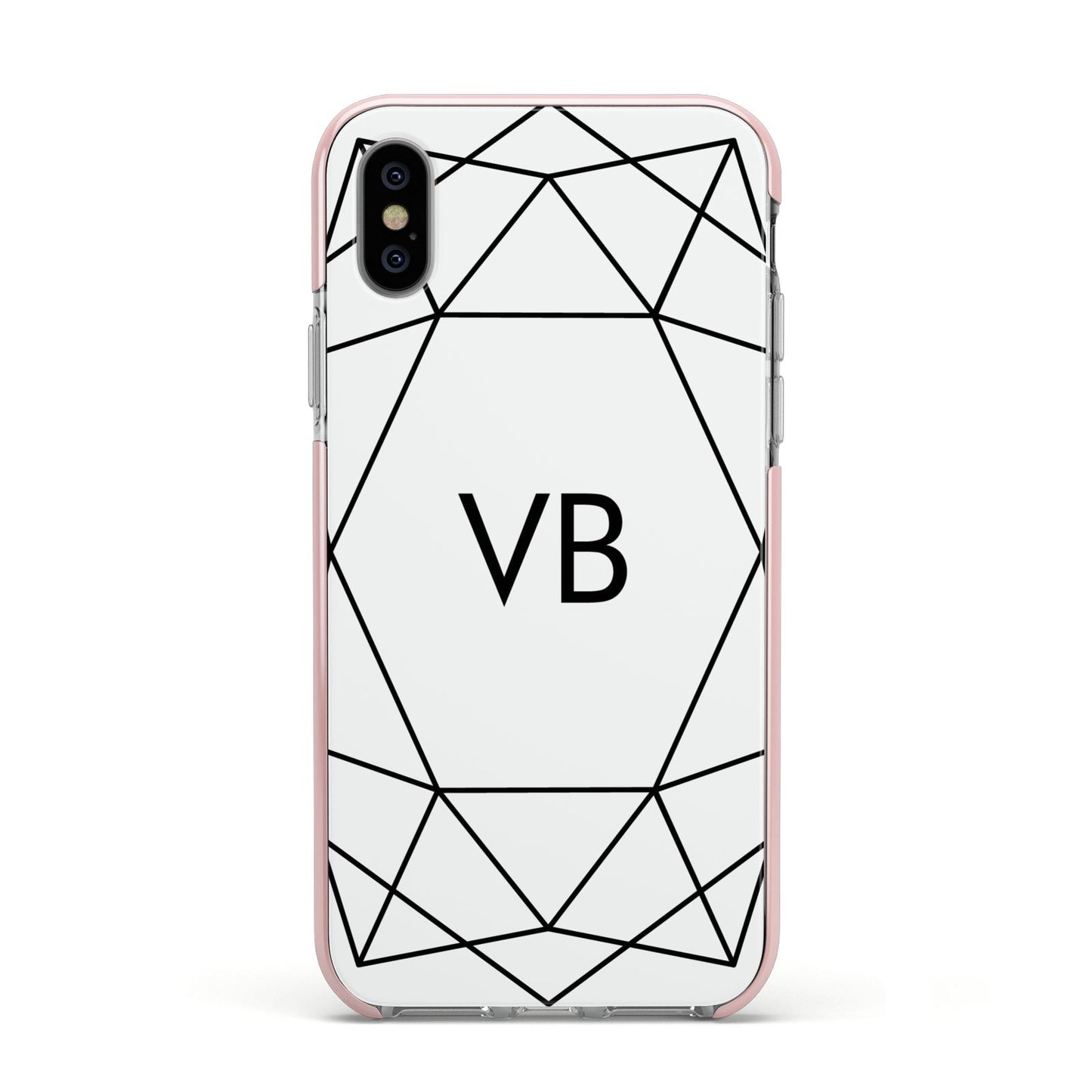 Personalised Initials White Geometric Apple iPhone Xs Impact Case Pink Edge on Silver Phone