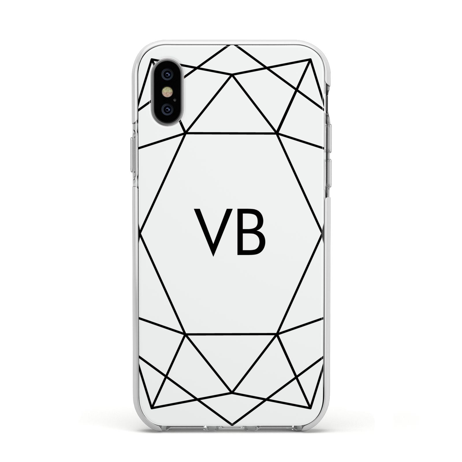 Personalised Initials White Geometric Apple iPhone Xs Impact Case White Edge on Silver Phone