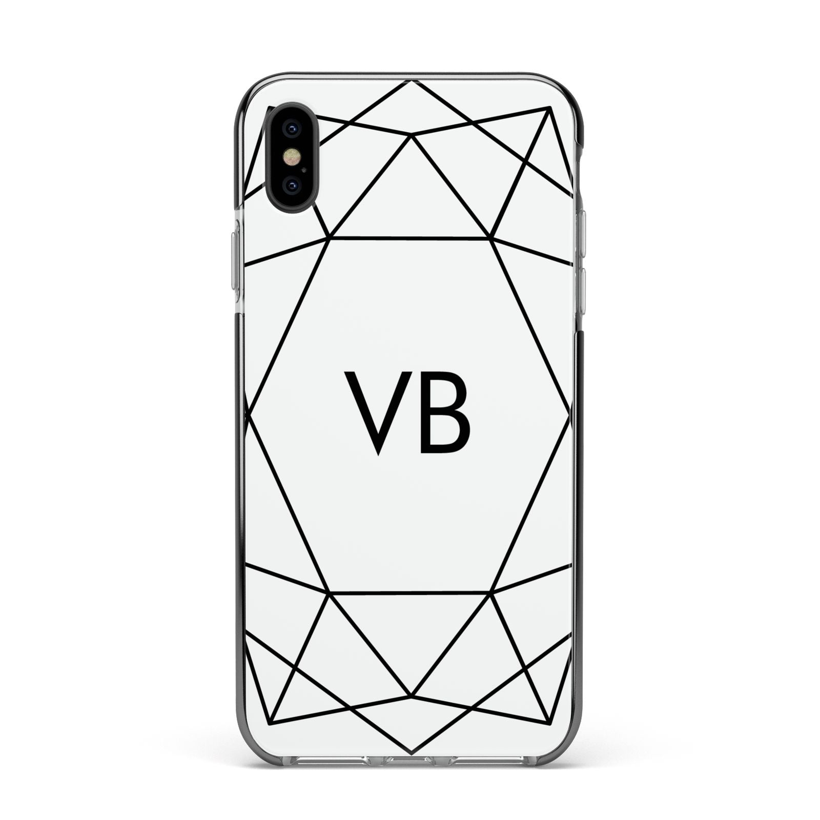 Personalised Initials White Geometric Apple iPhone Xs Max Impact Case Black Edge on Black Phone