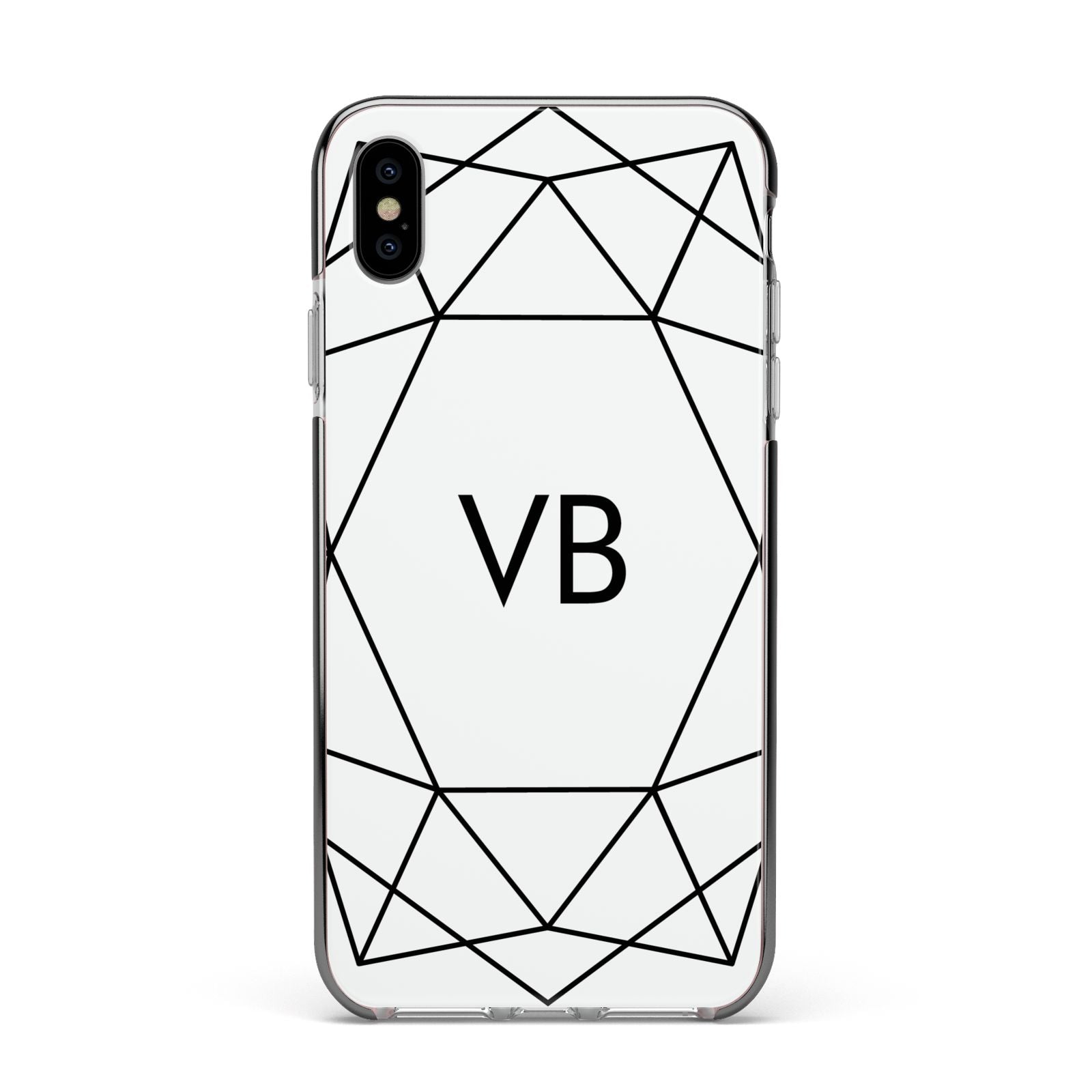 Personalised Initials White Geometric Apple iPhone Xs Max Impact Case Black Edge on Silver Phone