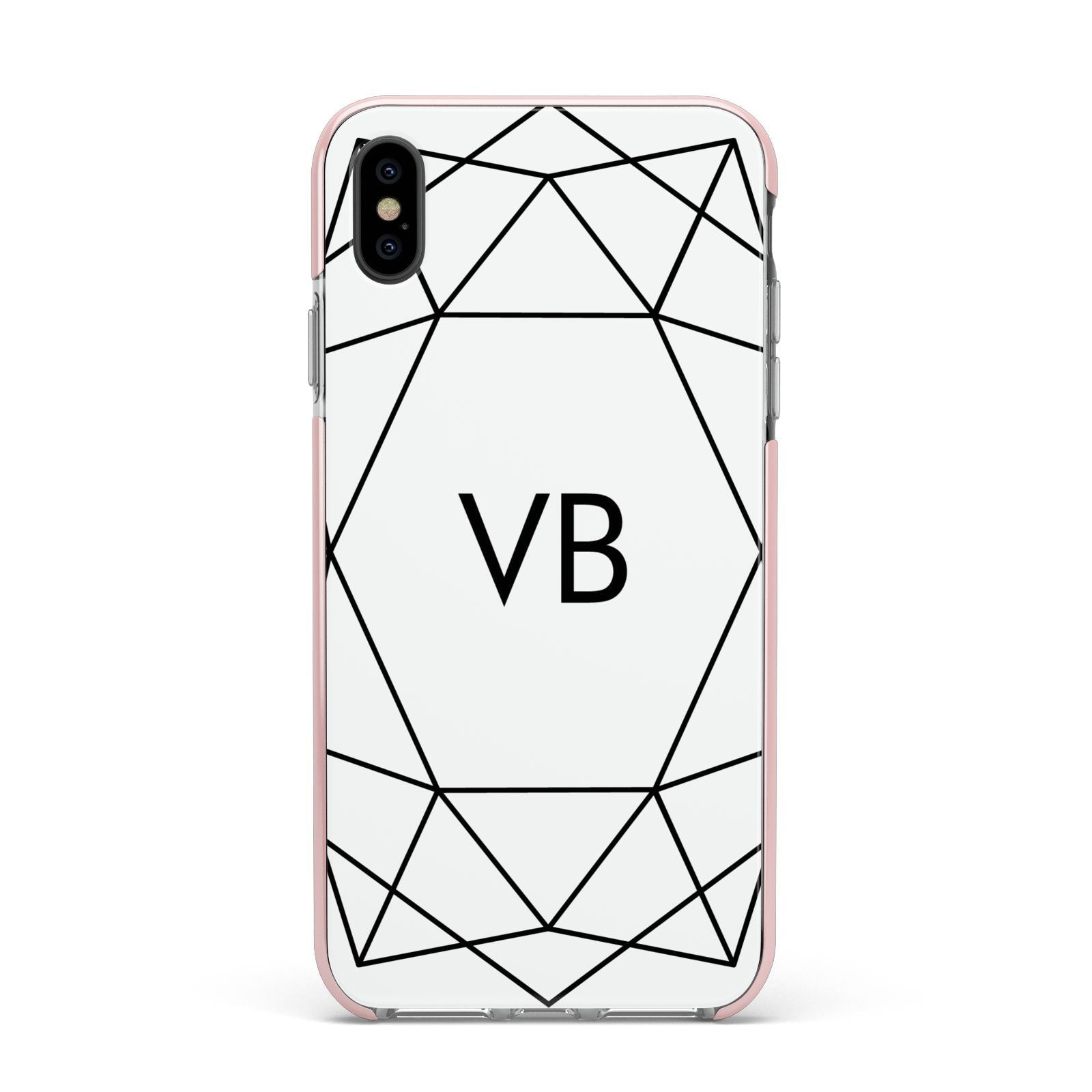 Personalised Initials White Geometric Apple iPhone Xs Max Impact Case Pink Edge on Black Phone