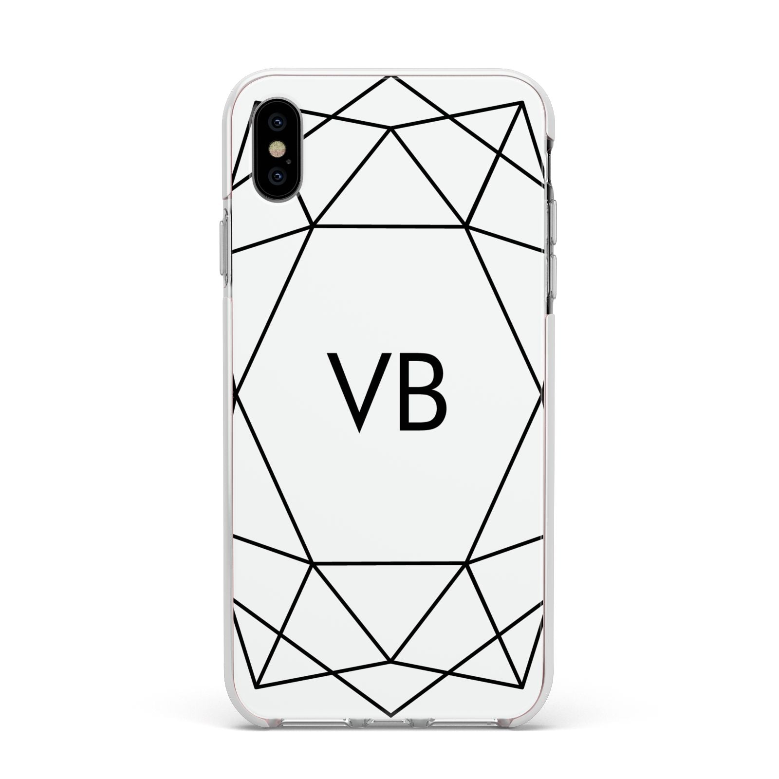 Personalised Initials White Geometric Apple iPhone Xs Max Impact Case White Edge on Silver Phone