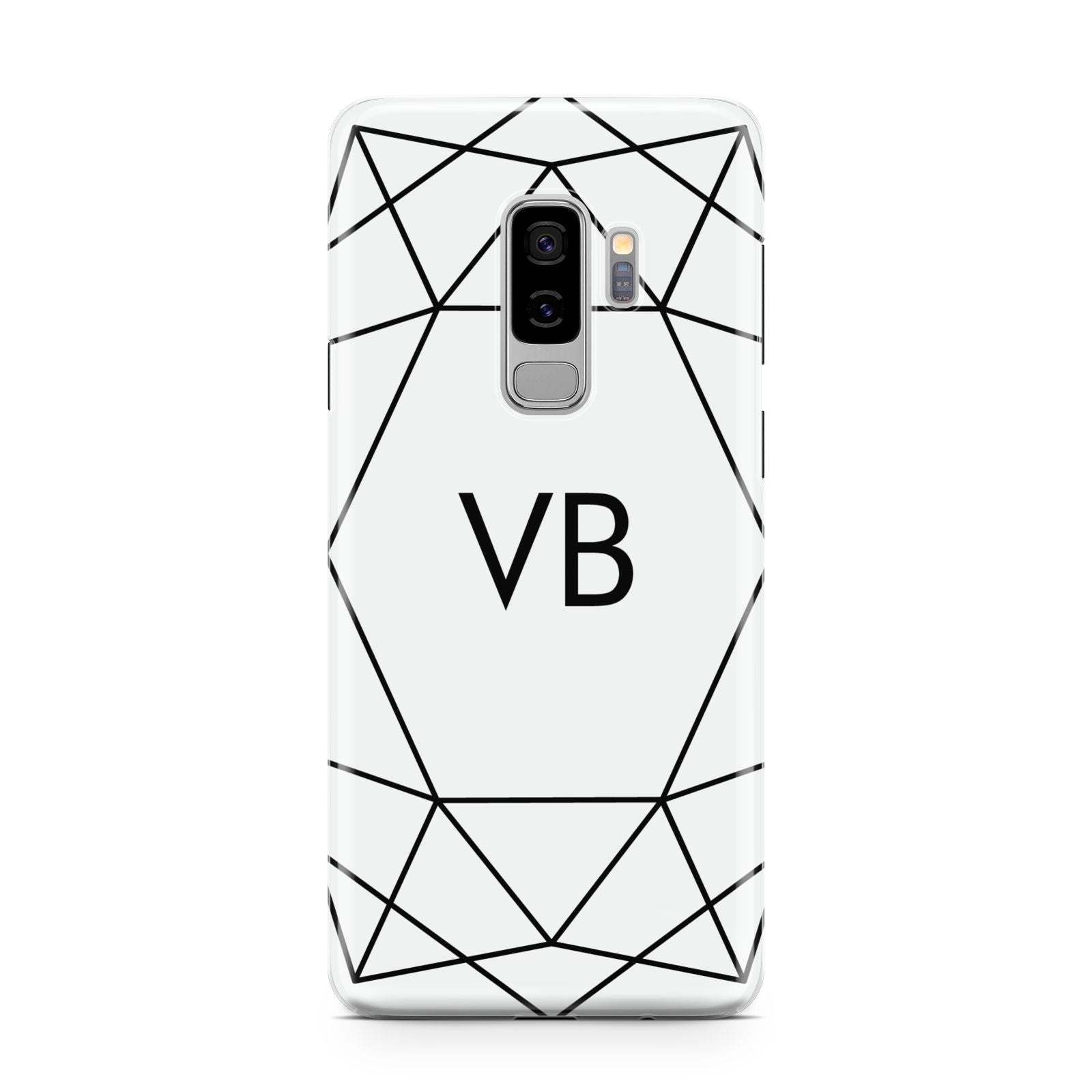 Personalised Initials White Geometric Samsung Galaxy S9 Plus Case on Silver phone