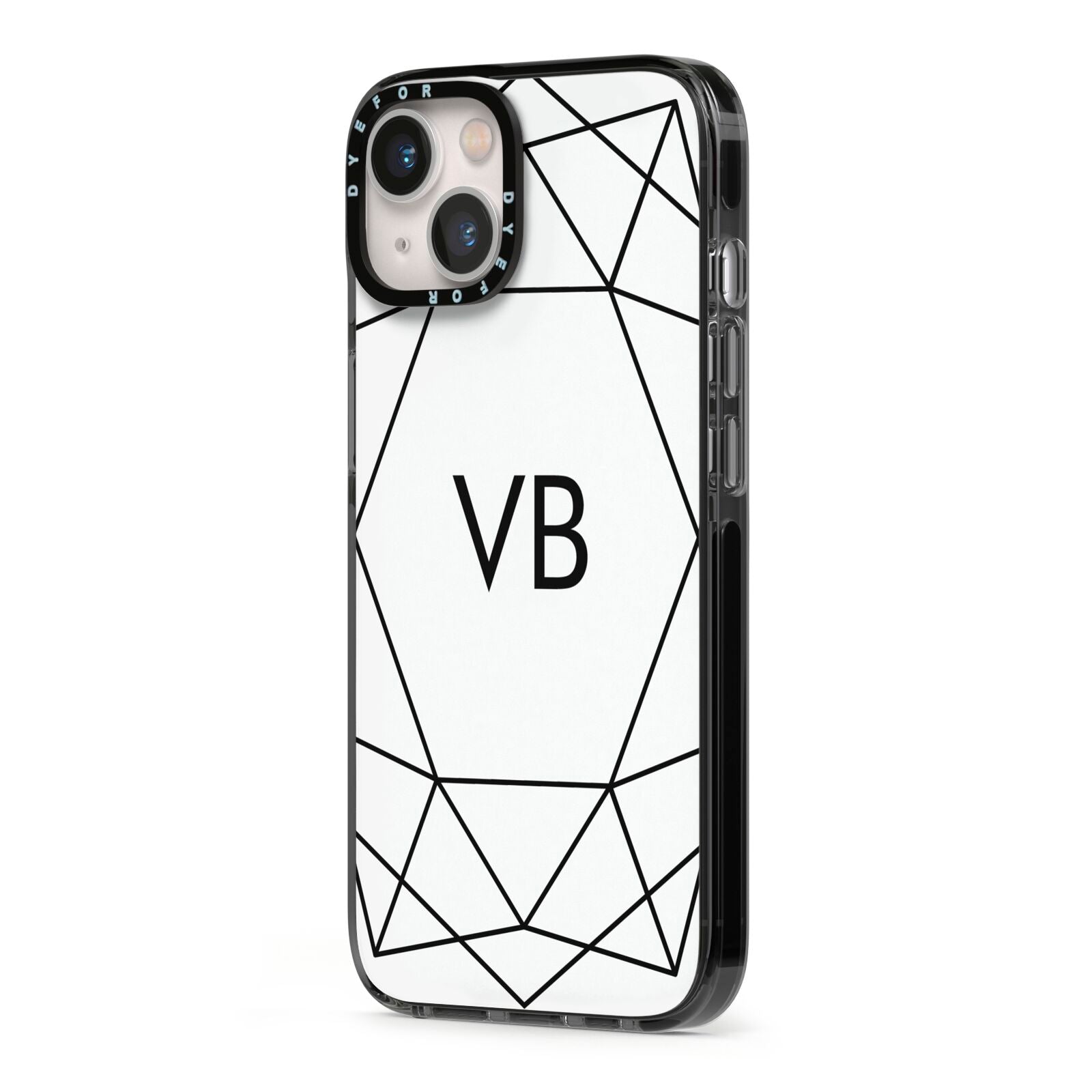 Personalised Initials White Geometric iPhone 13 Black Impact Case Side Angle on Silver phone