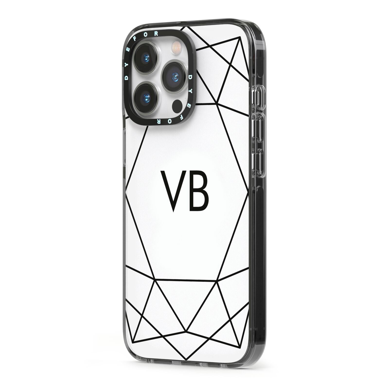 Personalised Initials White Geometric iPhone 13 Pro Black Impact Case Side Angle on Silver phone