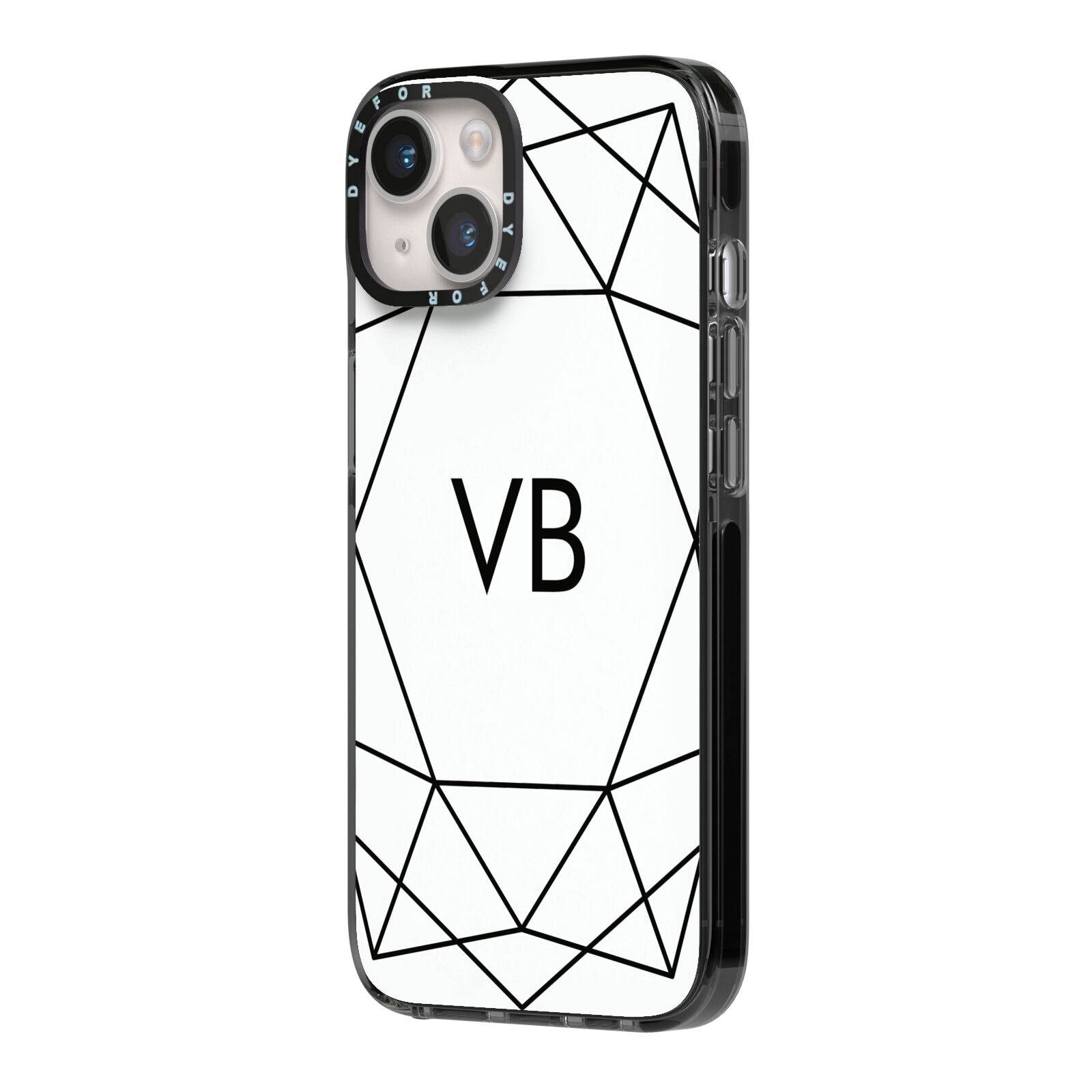 Personalised Initials White Geometric iPhone 14 Black Impact Case Side Angle on Silver phone