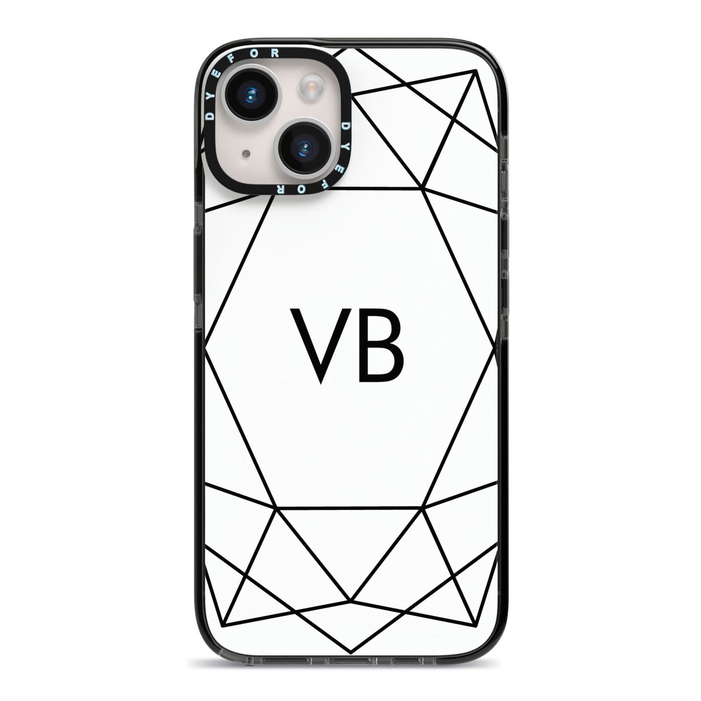 Personalised Initials White Geometric iPhone 14 Black Impact Case on Silver phone