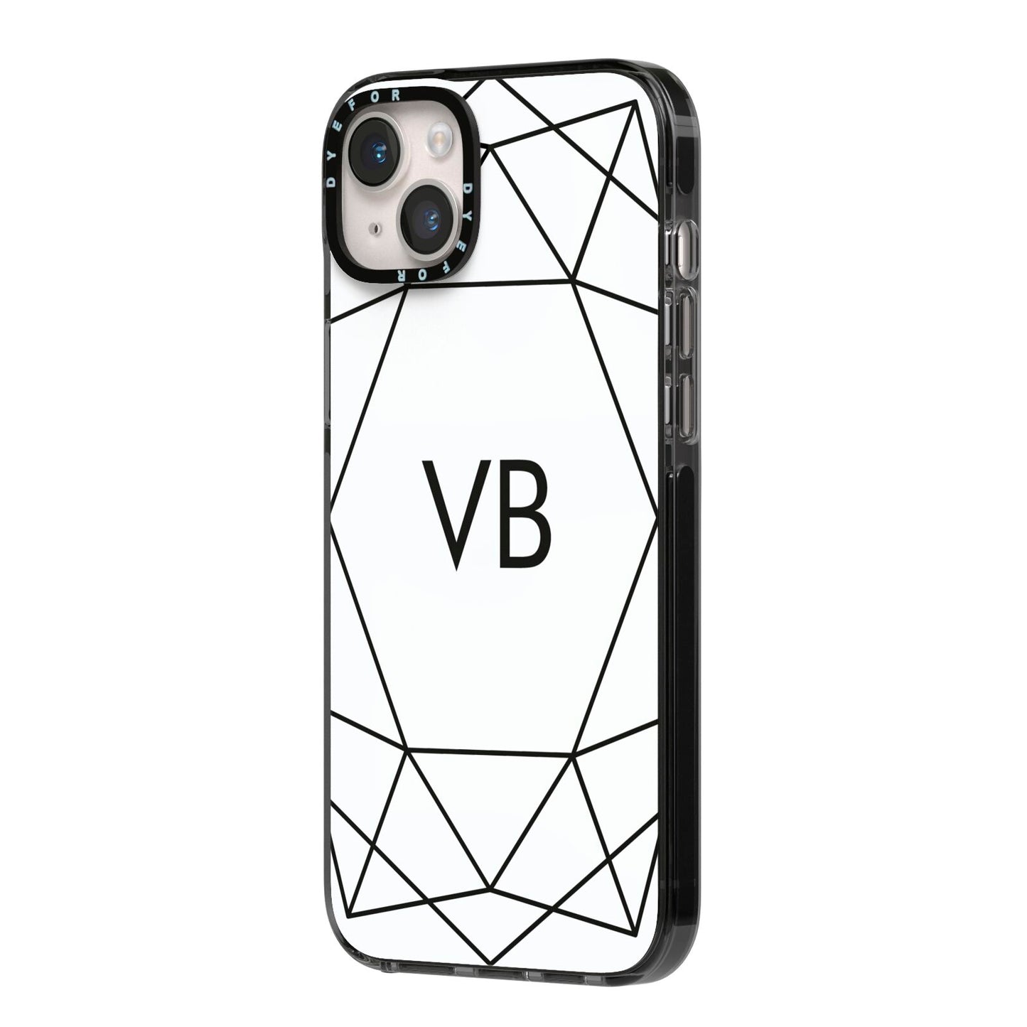 Personalised Initials White Geometric iPhone 14 Plus Black Impact Case Side Angle on Silver phone