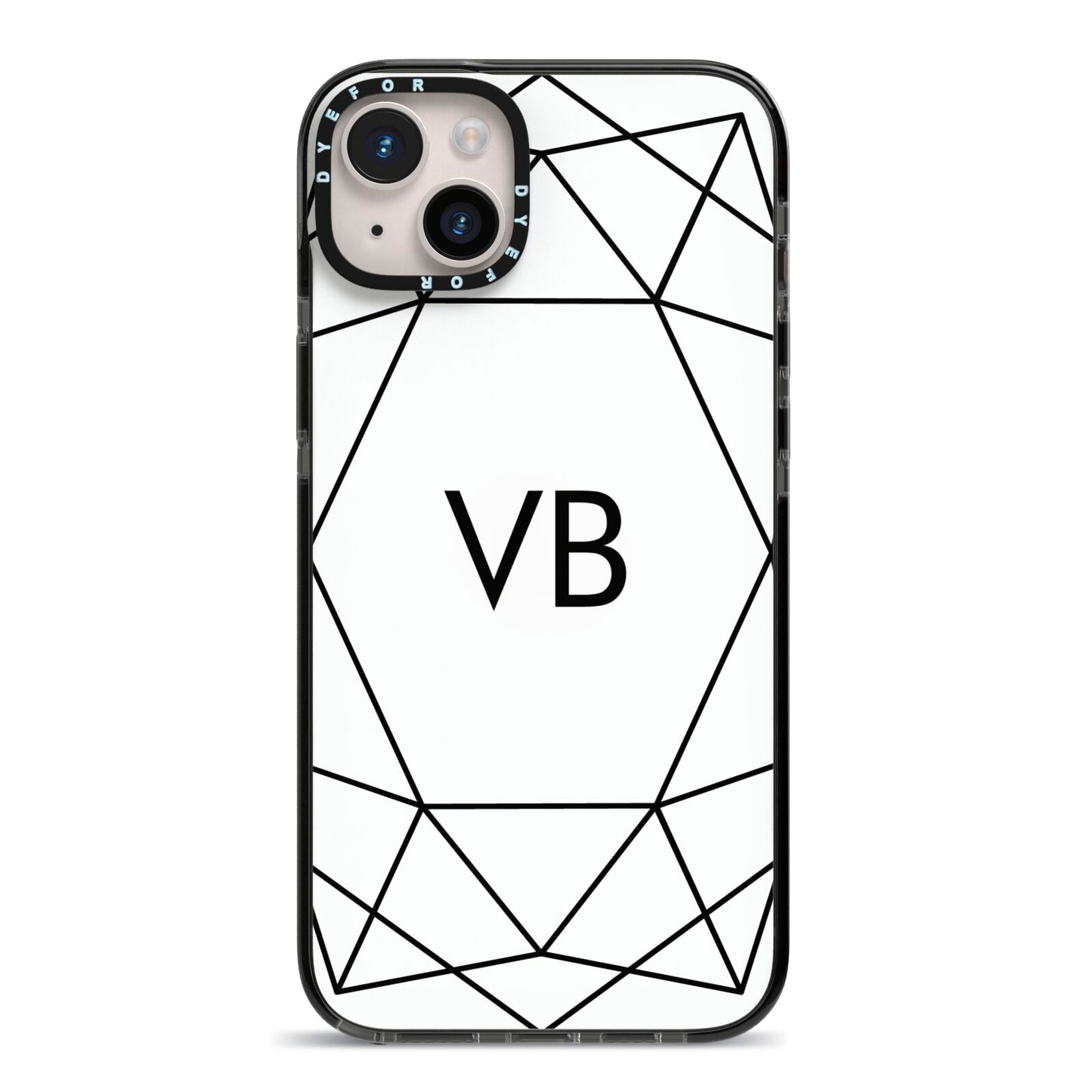 Personalised Initials White Geometric iPhone 14 Plus Black Impact Case on Silver phone