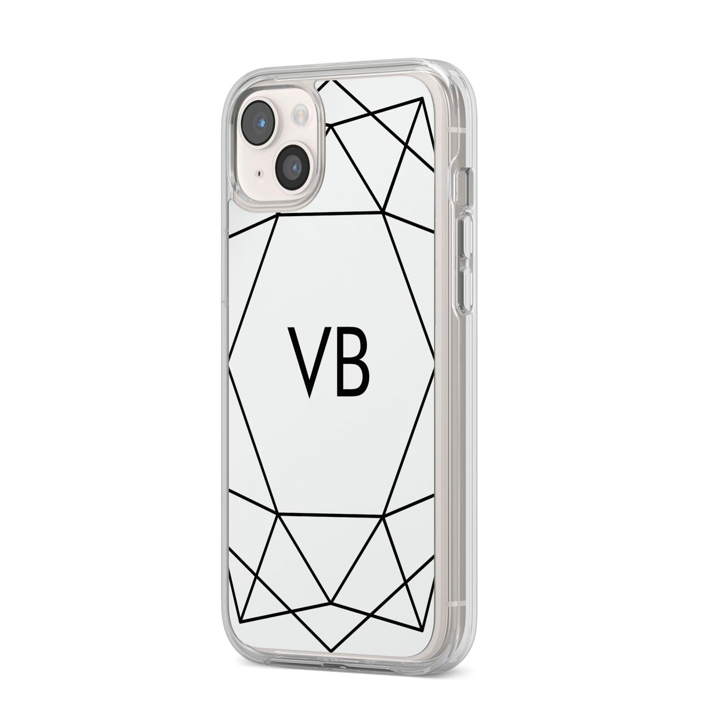 Personalised Initials White Geometric iPhone 14 Plus Clear Tough Case Starlight Angled Image