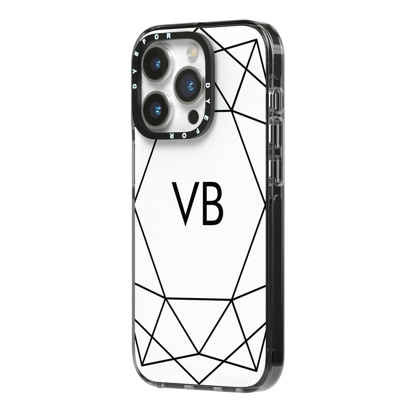 Personalised Initials White Geometric iPhone 14 Pro Black Impact Case Side Angle on Silver phone