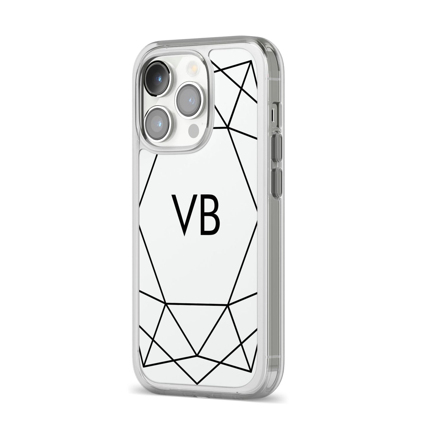 Personalised Initials White Geometric iPhone 14 Pro Clear Tough Case Silver Angled Image